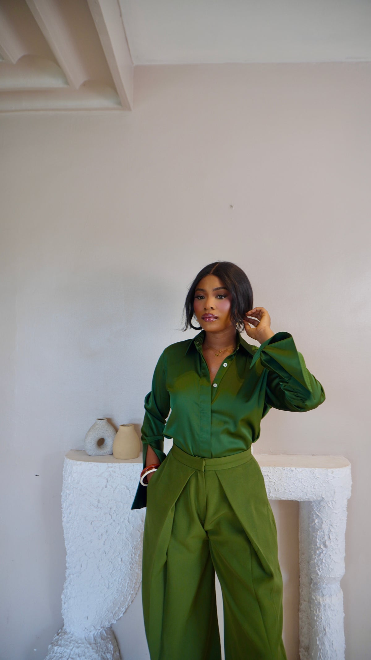 Pleated Barrel Pants Olive