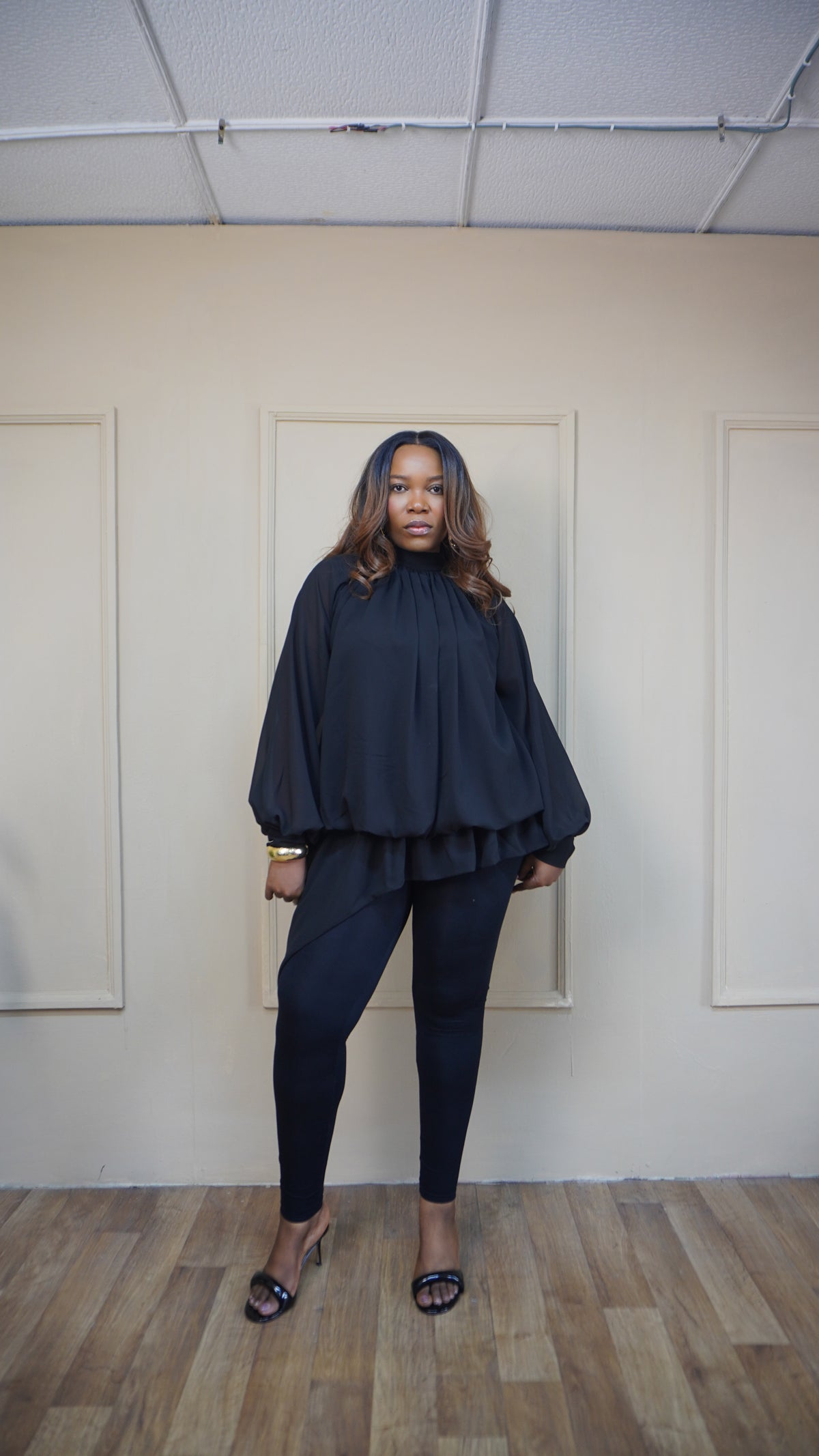 Billowy Sleeve Chiffon Top Black