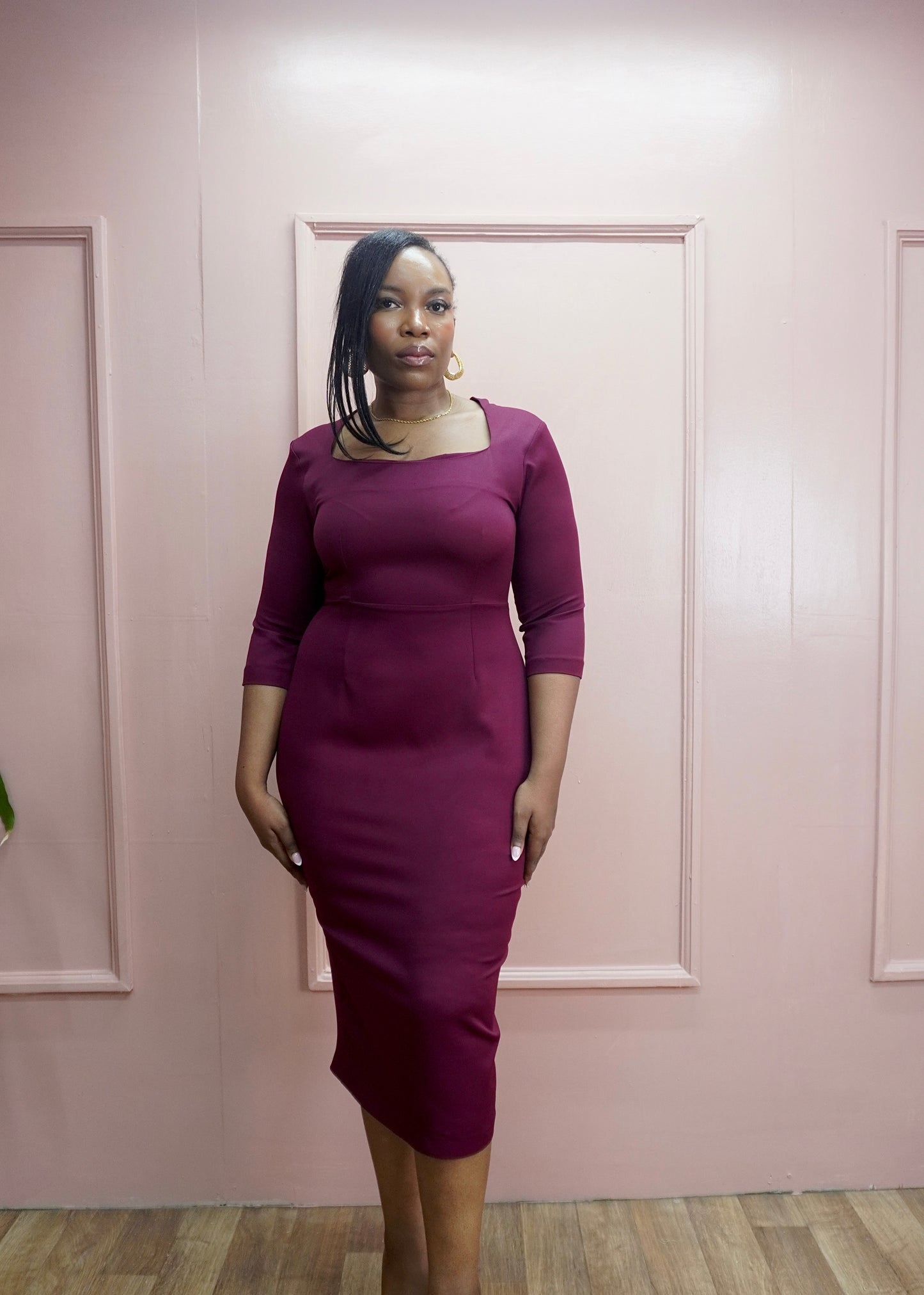 Angled Neckline Midi Dress Burgundy