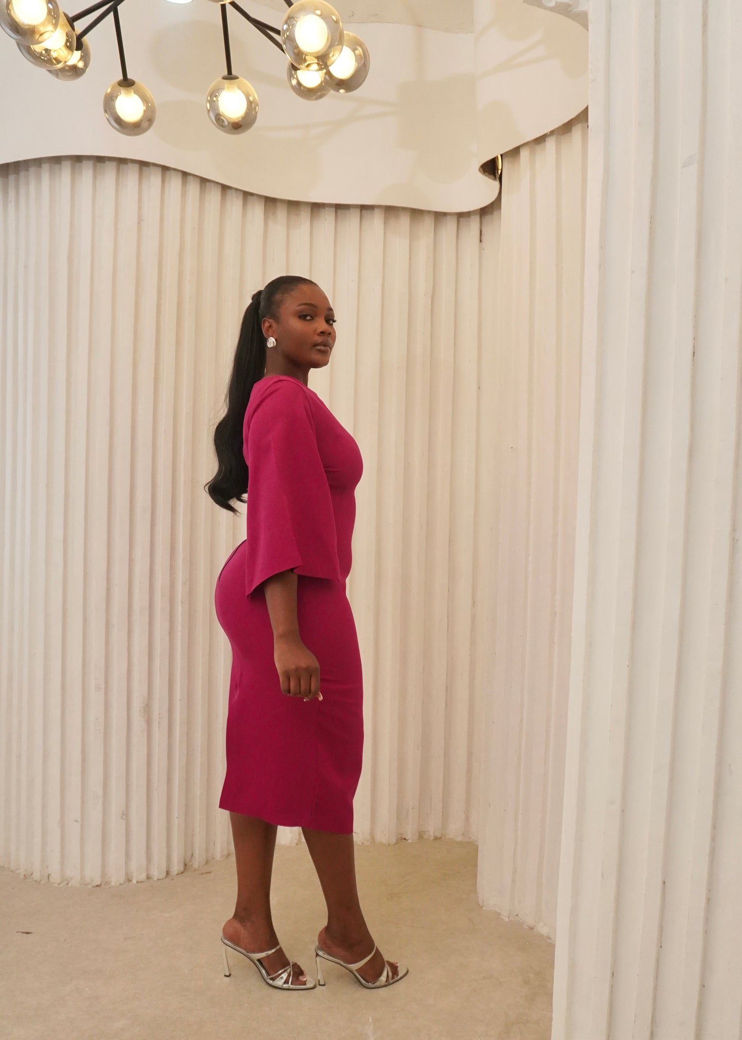 Cape Sleeves Essential Midi Dress Magenta