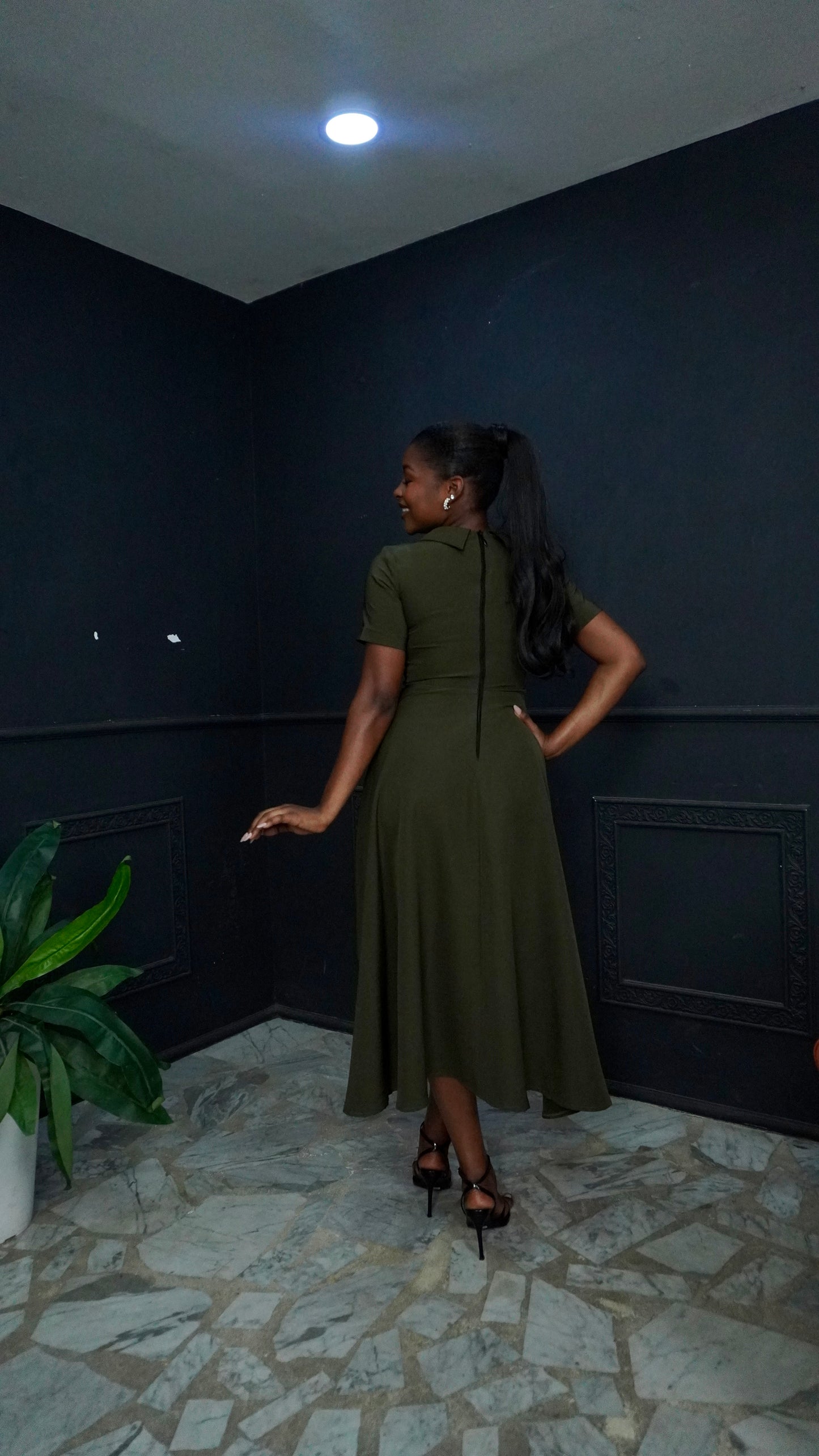 Polo Neck Flare Dress Army Green