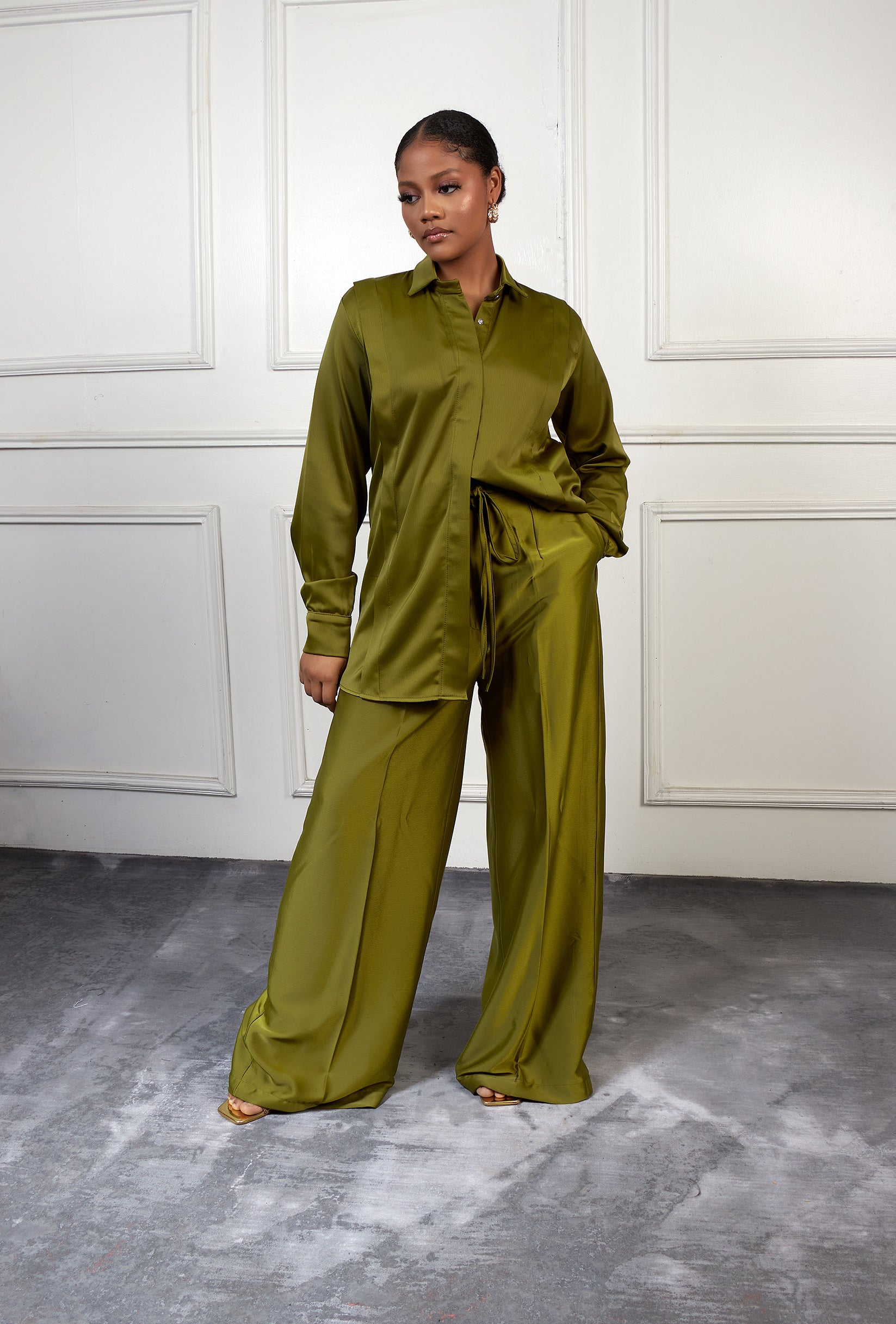 Olive Satin Blouse and Wide Leg Pants Set