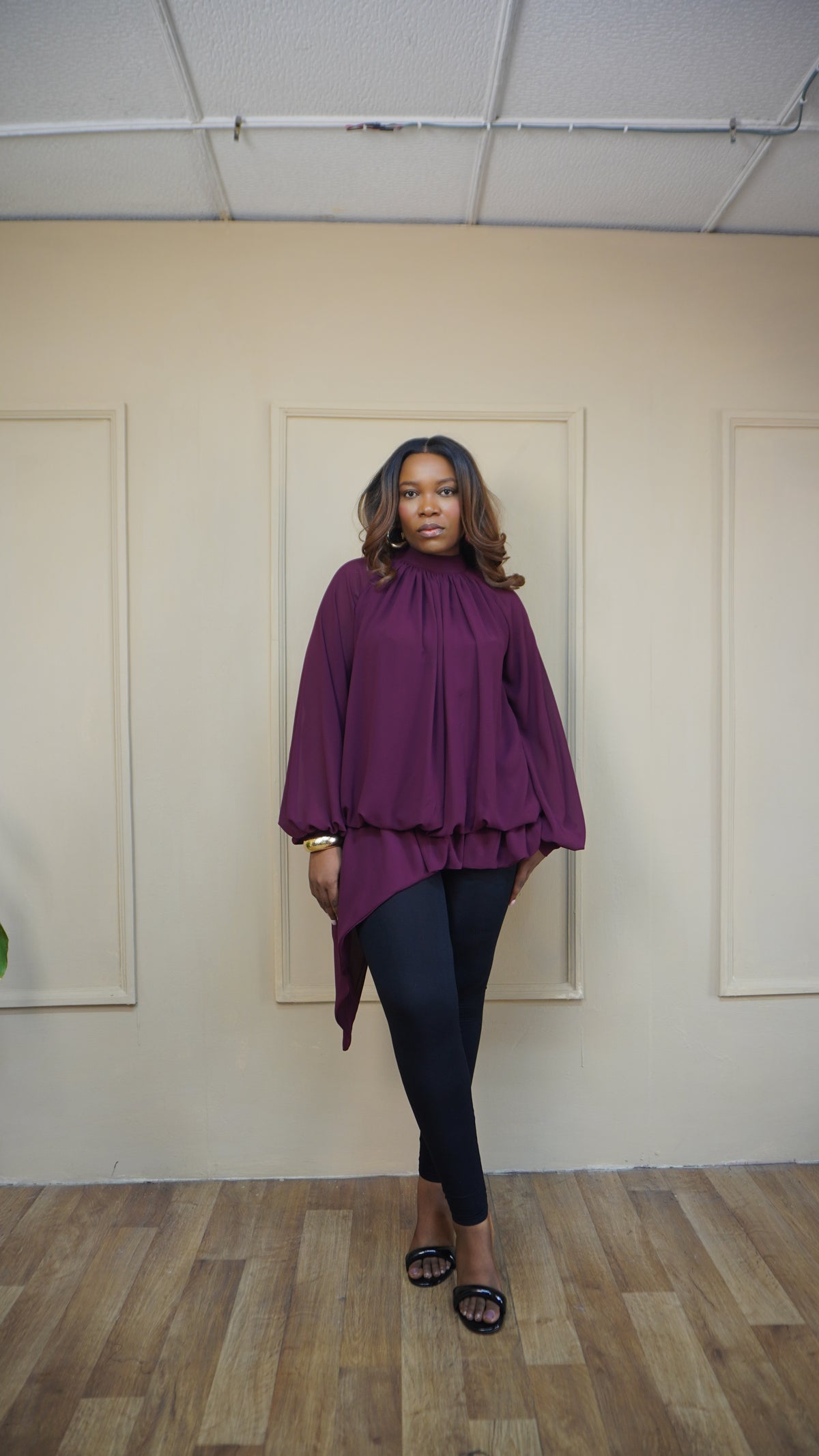 Billowy Sleeve Chiffon Top Plum