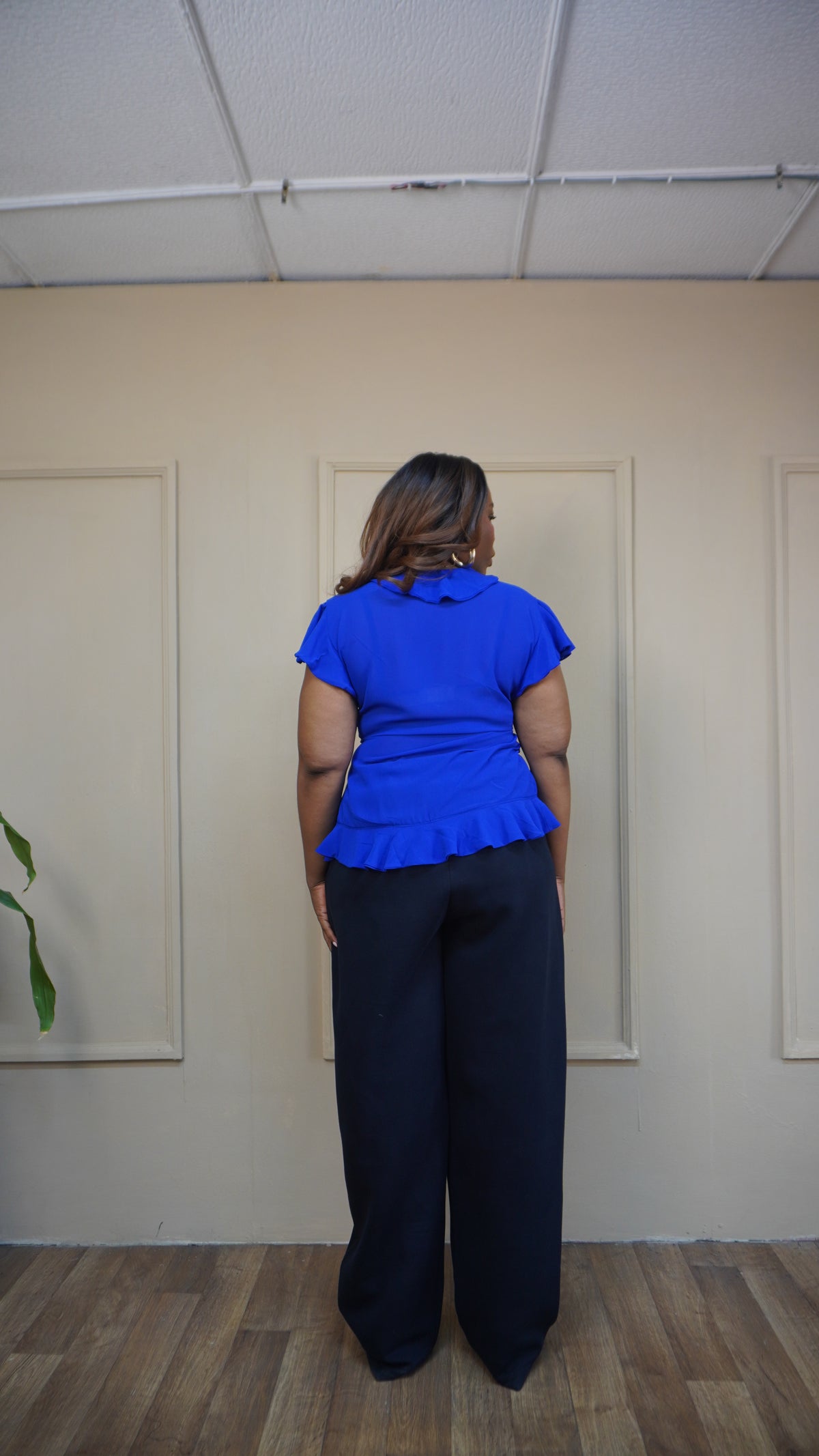 Wrap Ruffle Chiffon Top Cobalt Blue