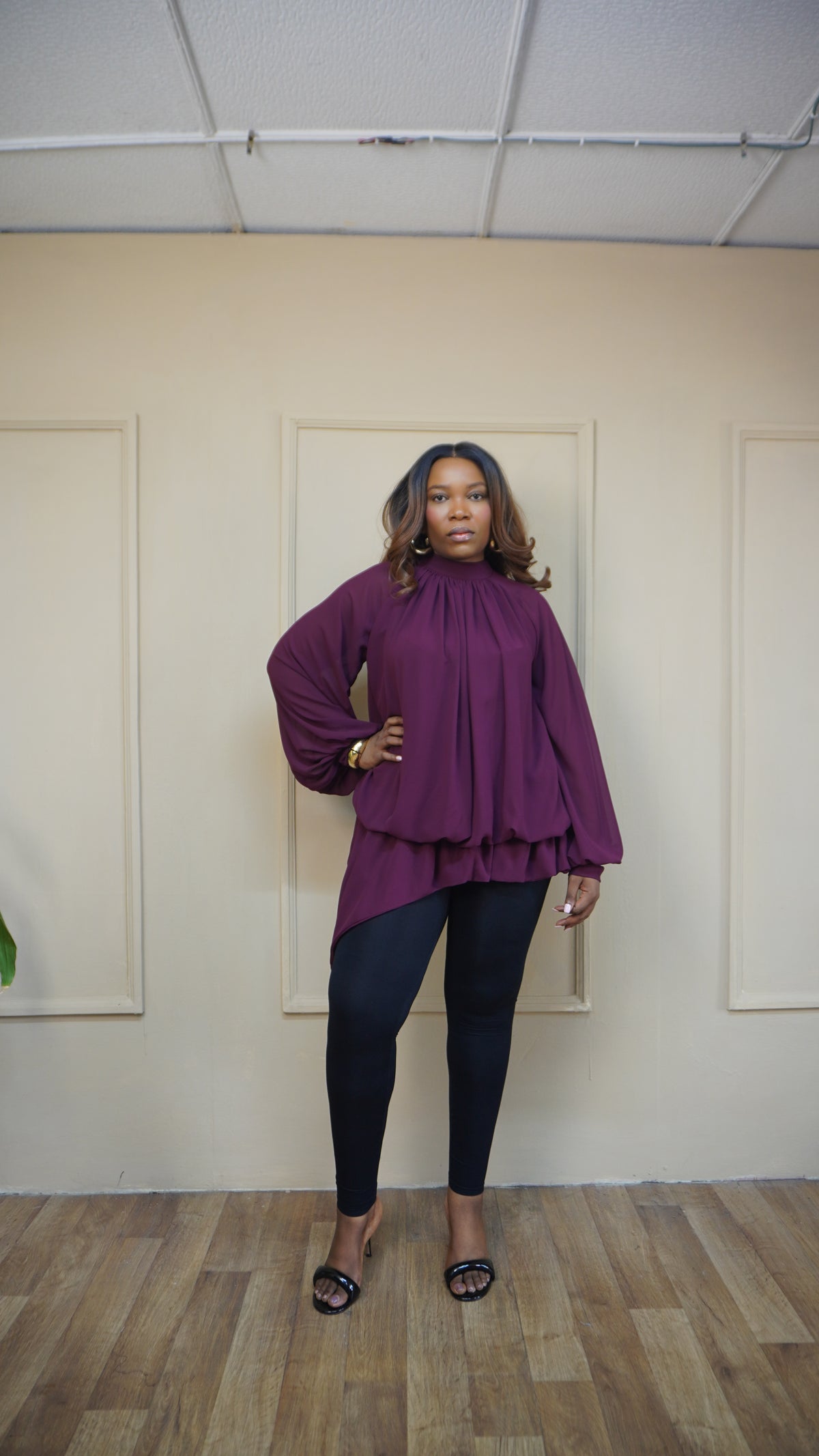 Billowy Sleeve Chiffon Top Plum