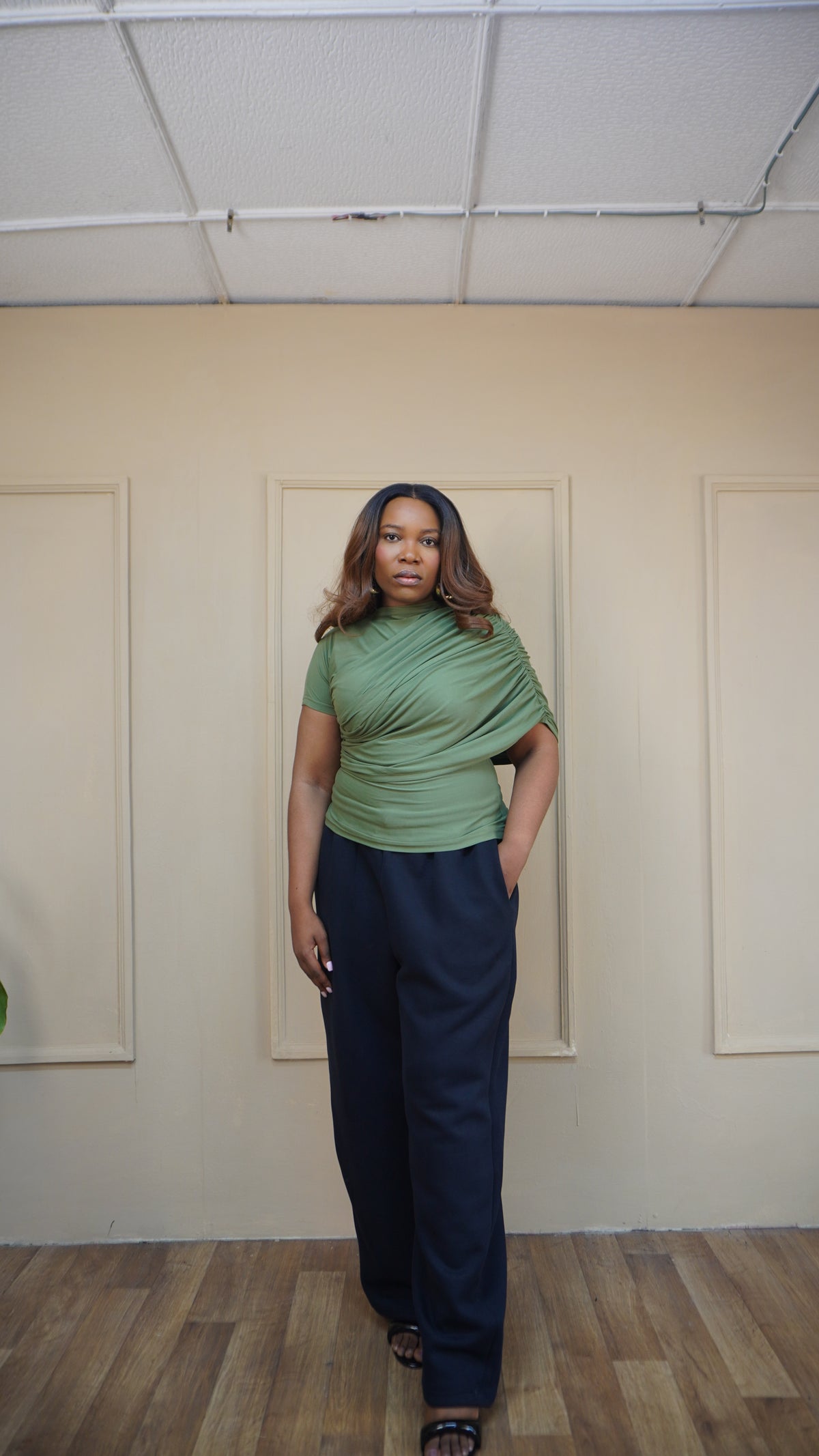 Draped Shoulder Tee Basil Green