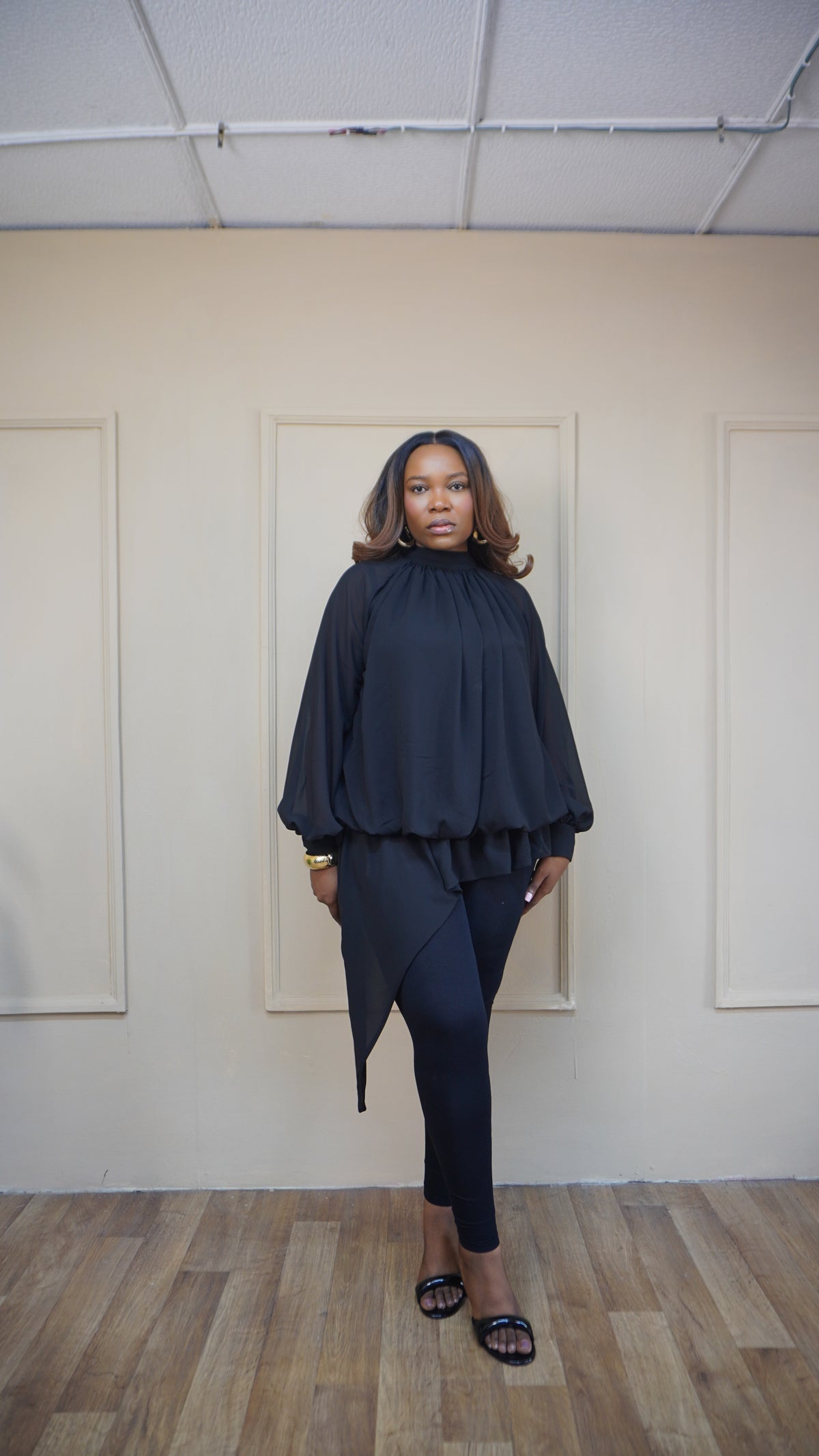 Billowy Sleeve Chiffon Top Black