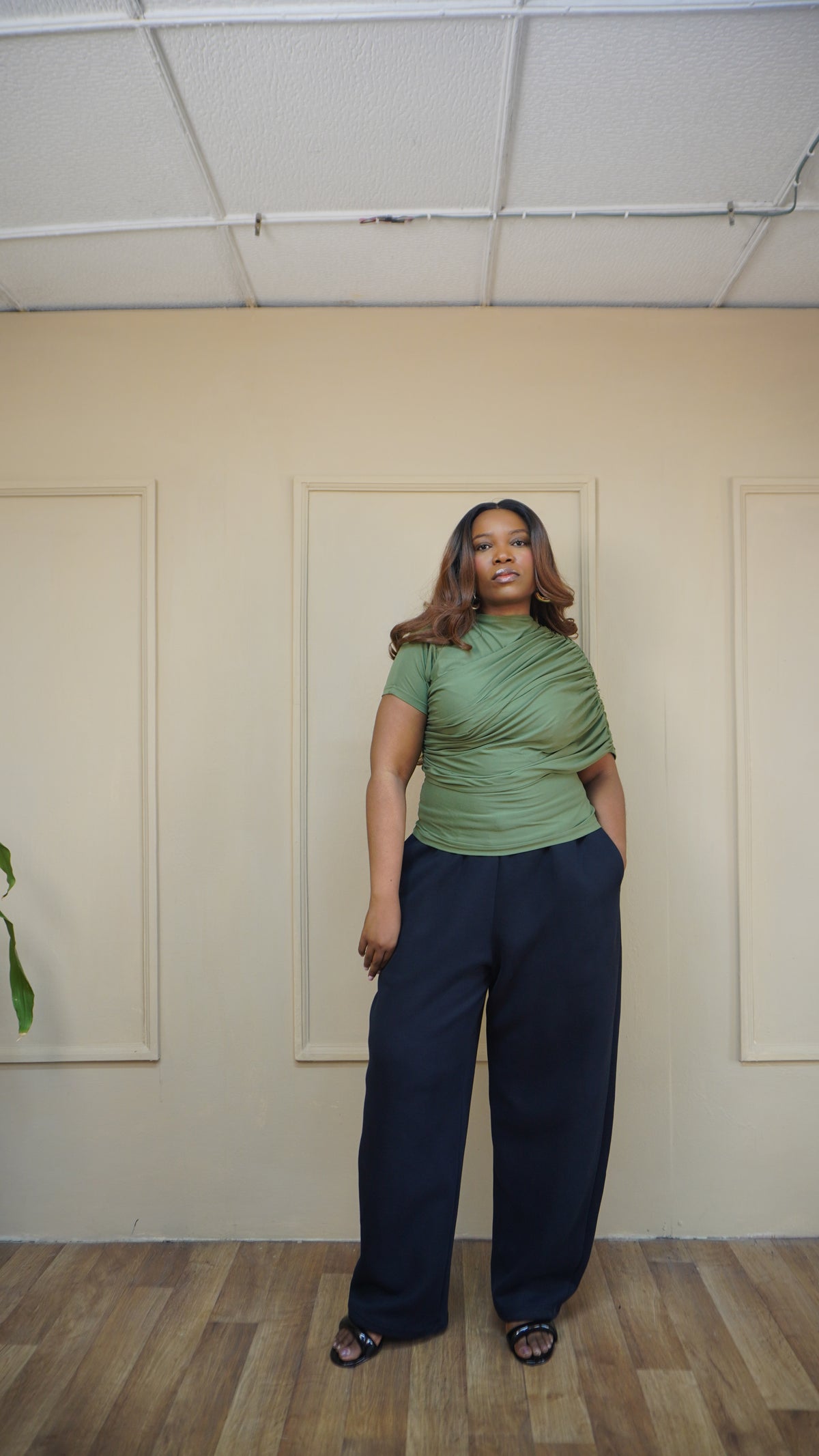 Draped Shoulder Tee Basil Green