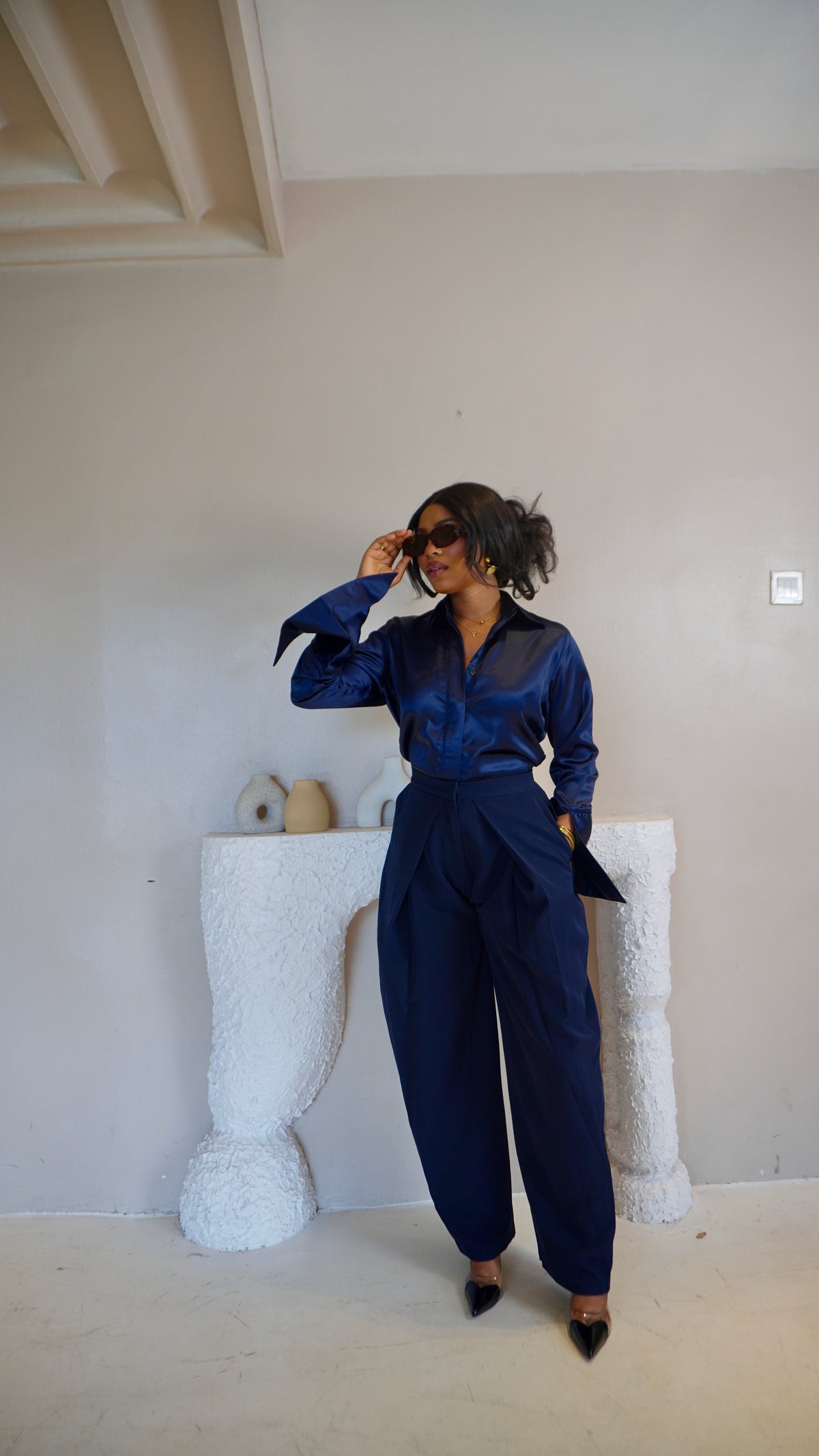 Pleated Barrel Pants Navy