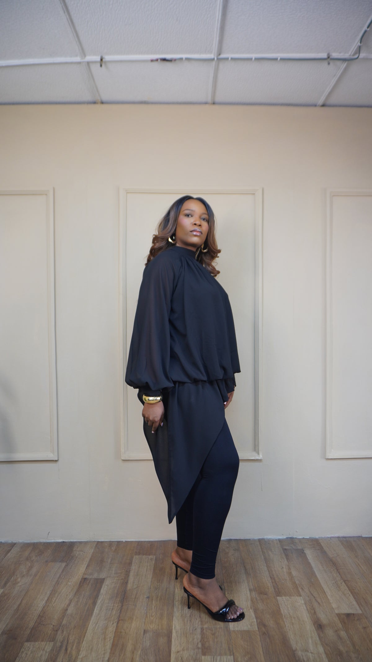 Billowy Sleeve Chiffon Top Black