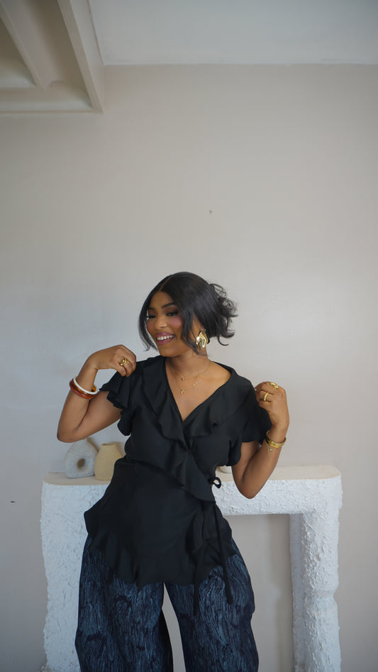 Wrap Ruffle Chiffon Top Black