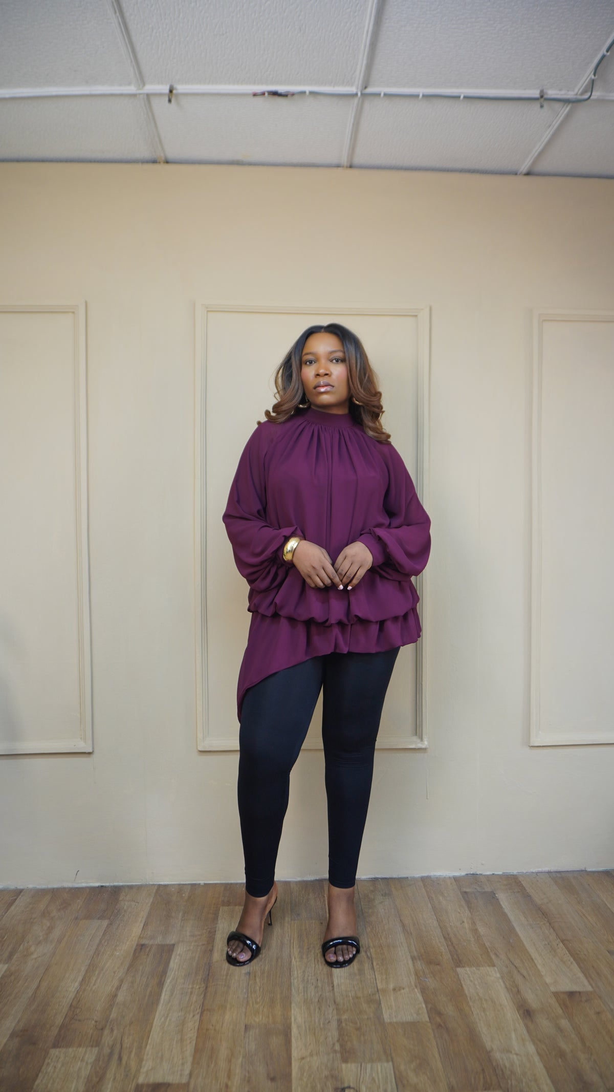 Billowy Sleeve Chiffon Top Plum