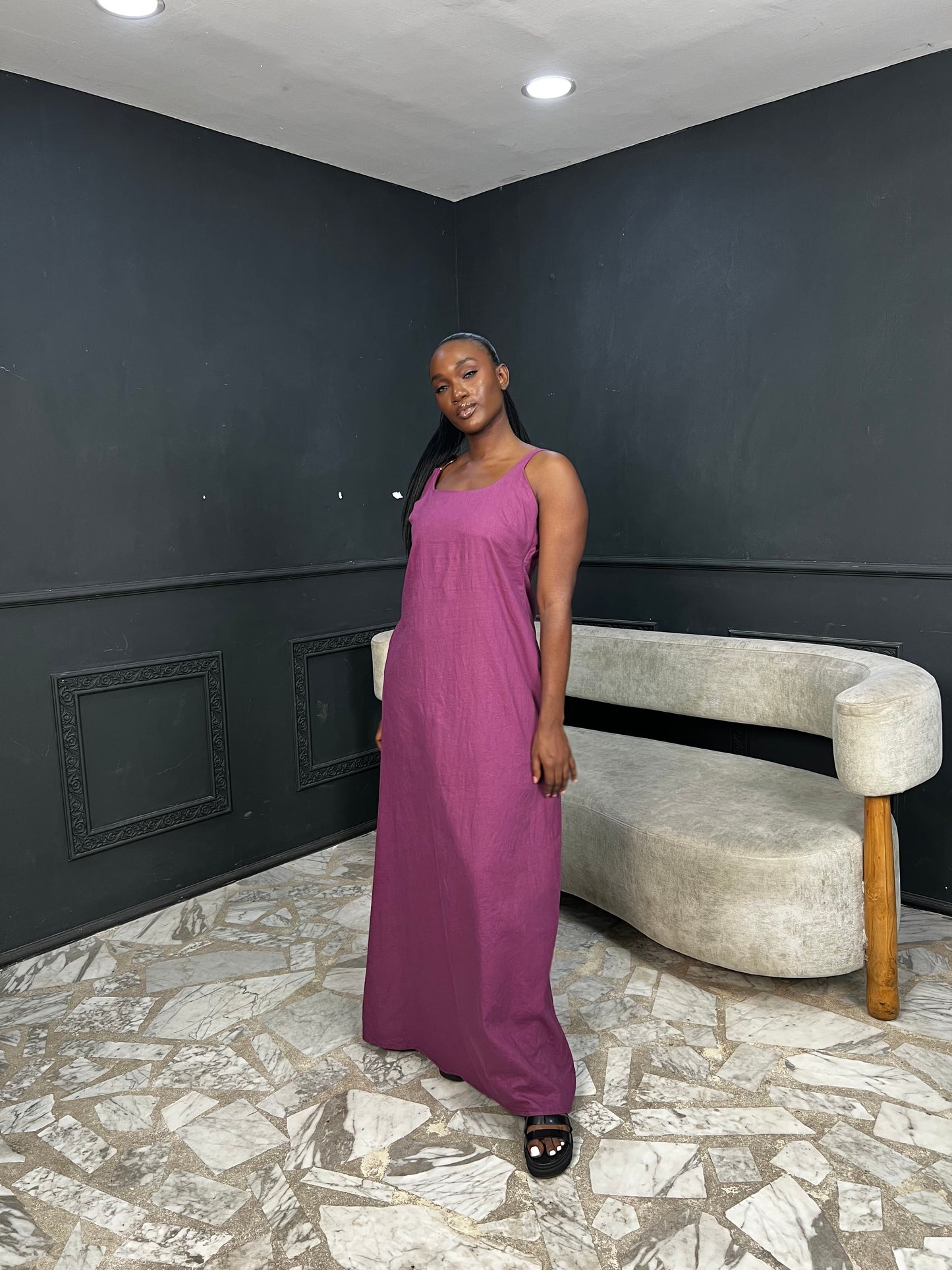Gold detail linen maxi dress Plum