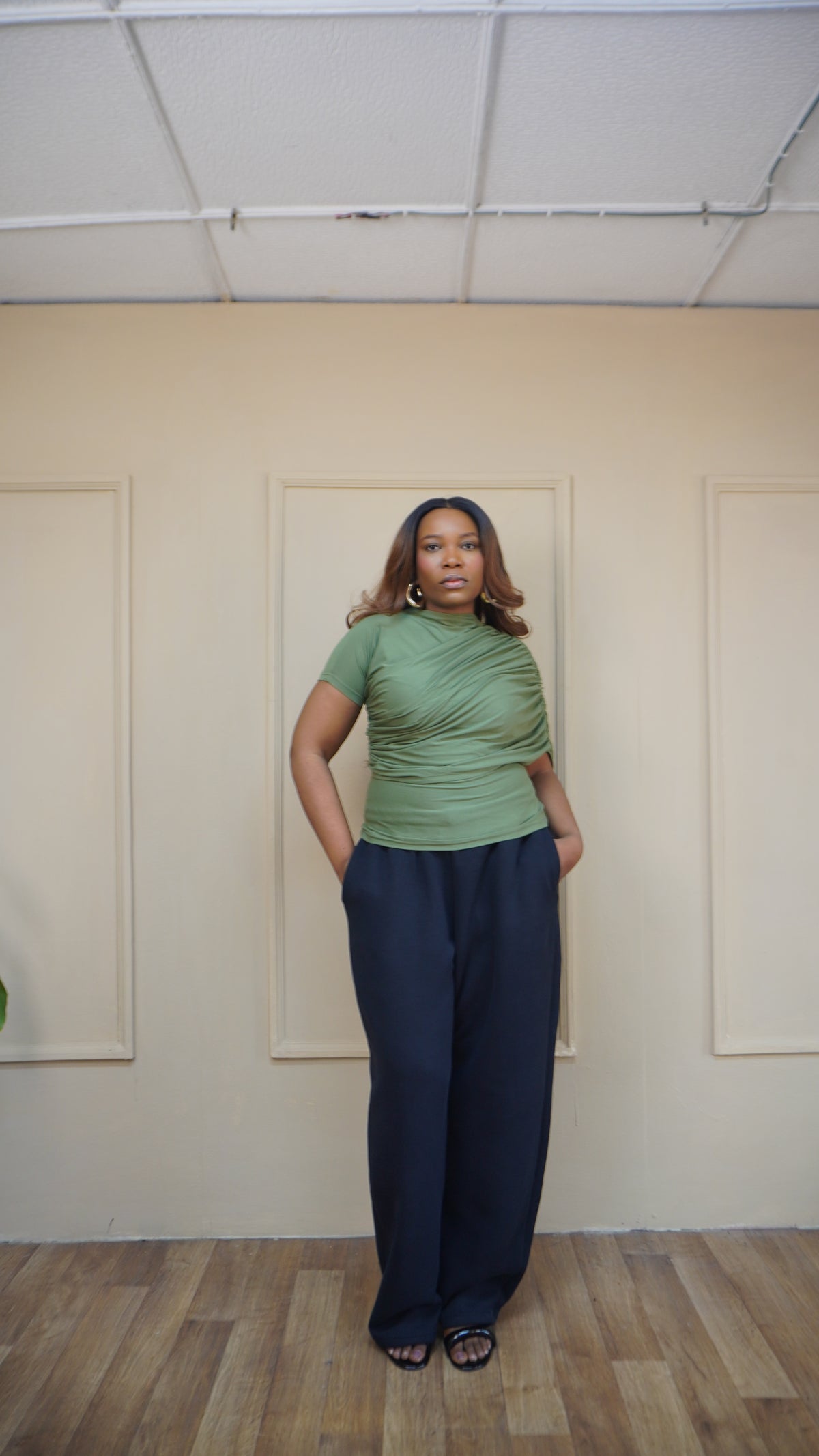 Draped Shoulder Tee Basil Green