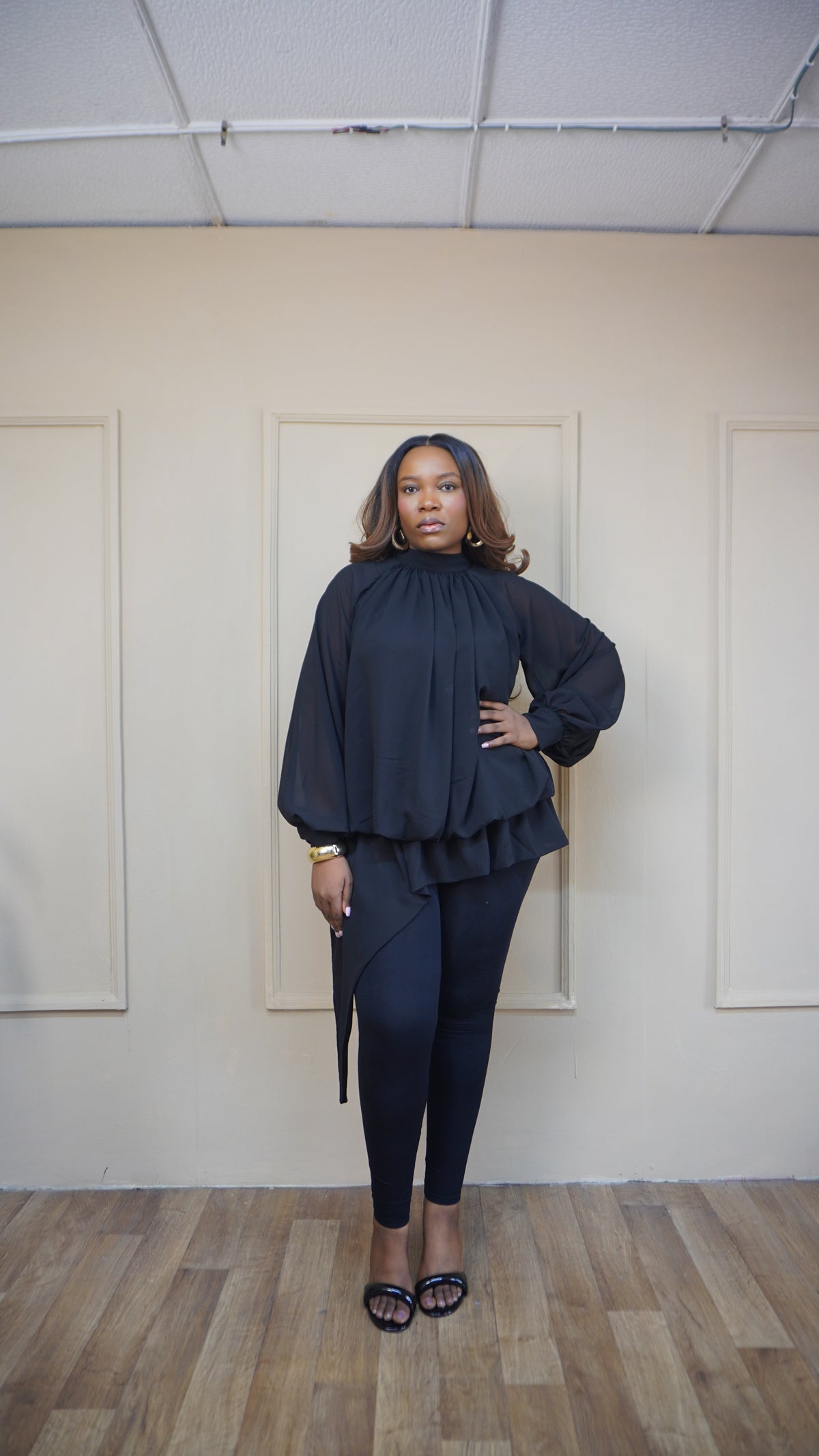 Billowy Sleeve Chiffon Top Black