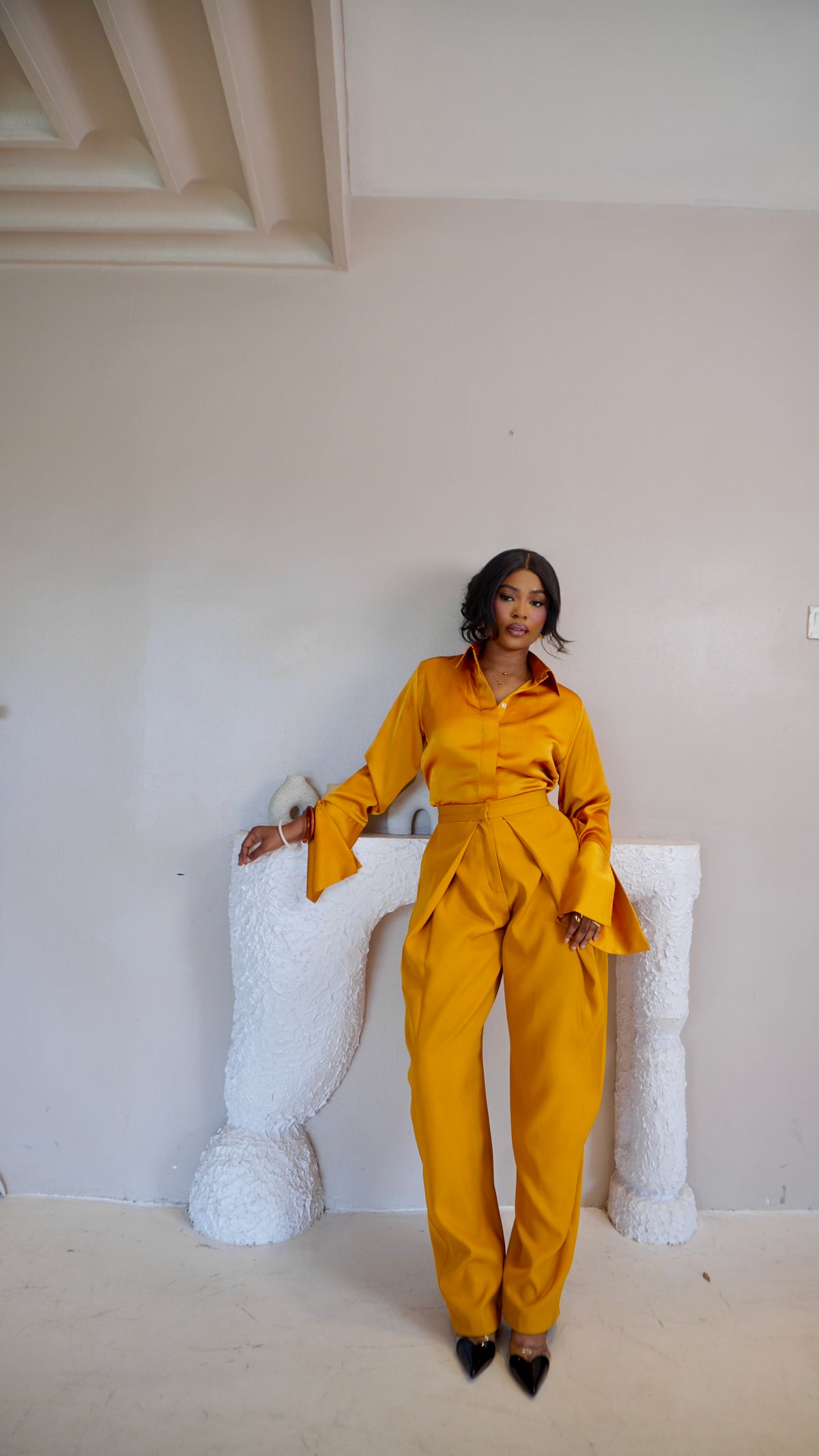 Pleated Barrel Pants Mustard