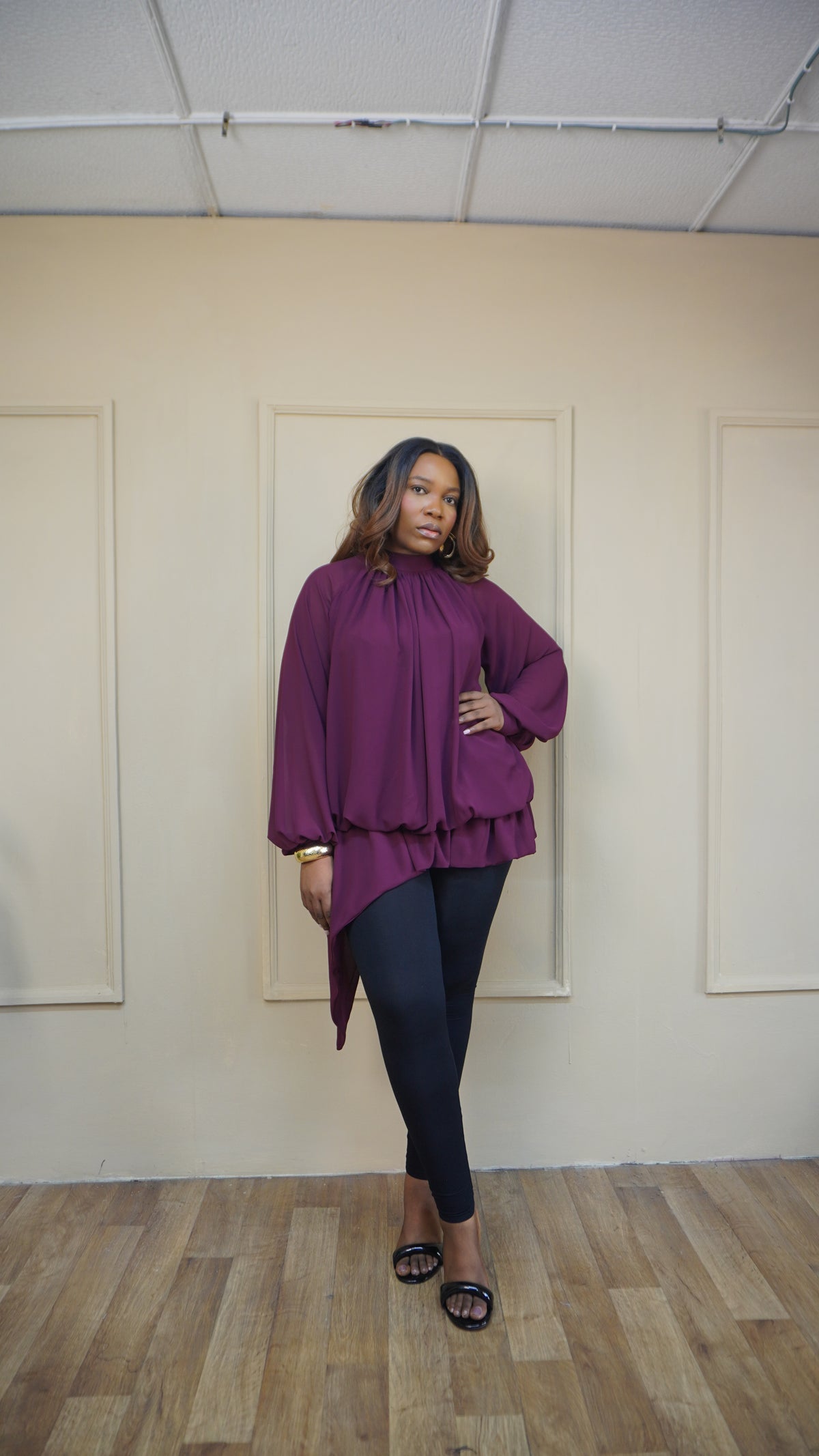 Billowy Sleeve Chiffon Top Plum