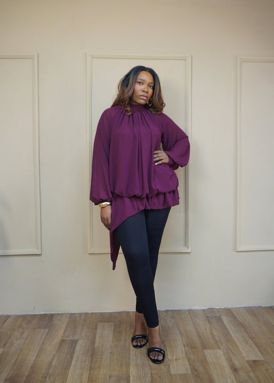 Billowy Sleeve Chiffon Top Plum