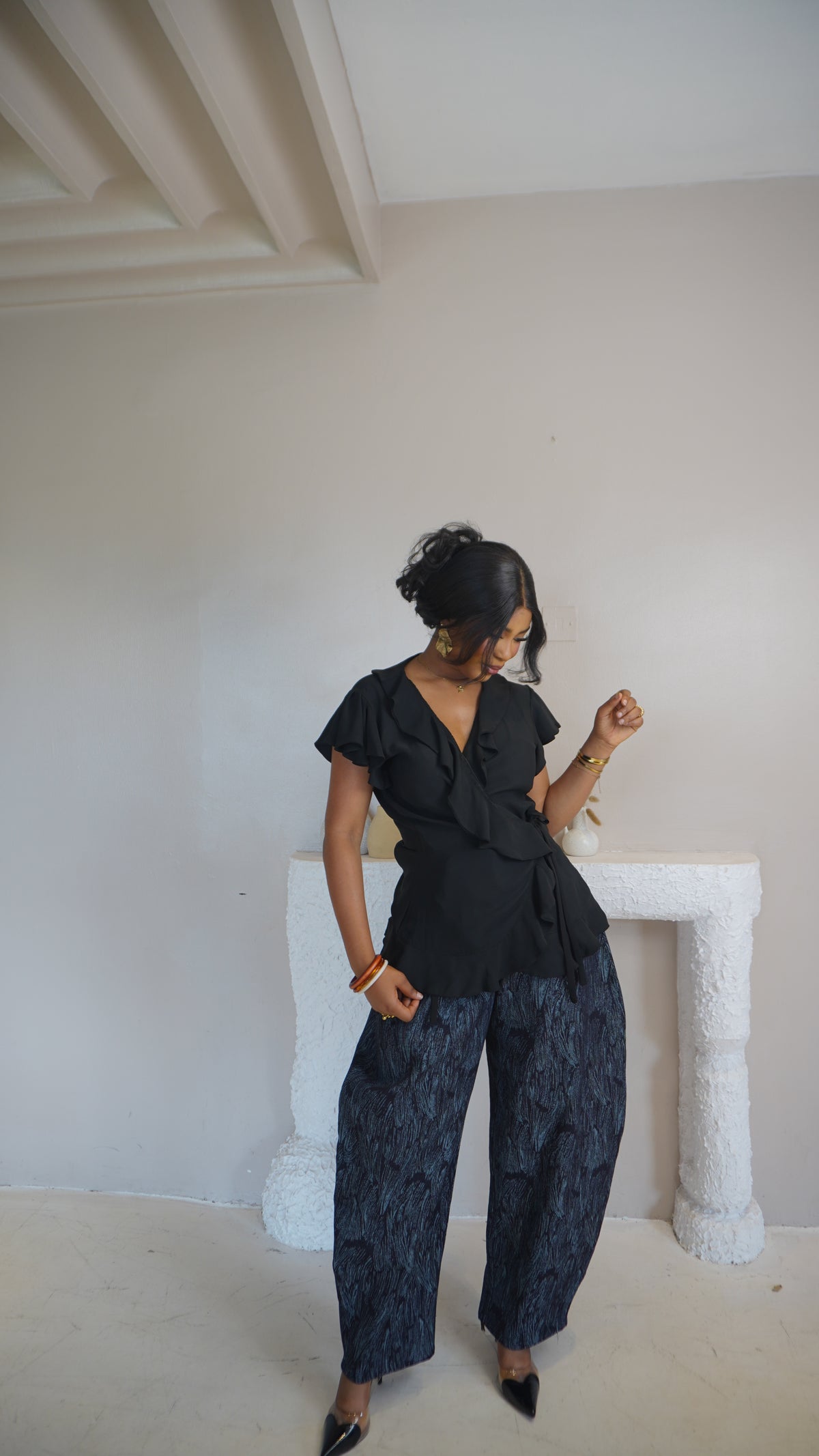 Wrap Ruffle Chiffon Top Black