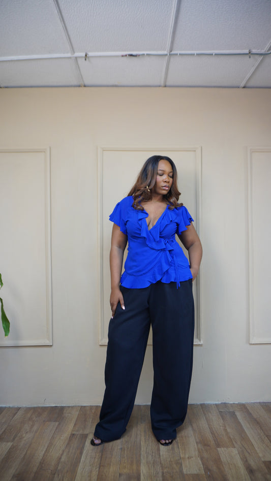 Wrap Ruffle Chiffon Top Cobalt Blue