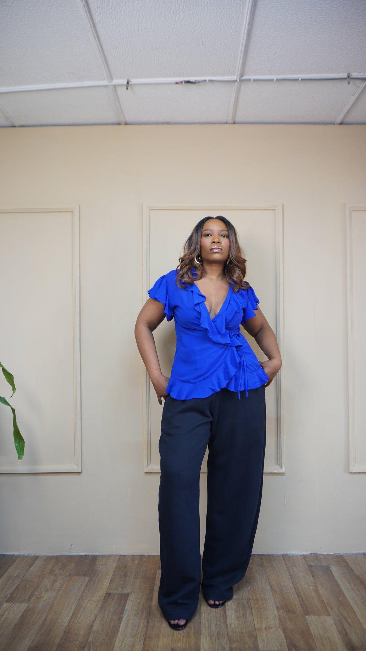 Wrap Ruffle Chiffon Top Cobalt Blue