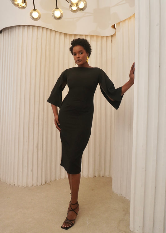 Cape Sleeves Essential Midi Dress Black
