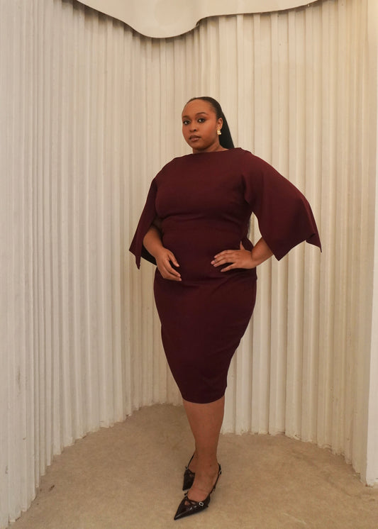 Cape Sleeves Essential Midi Dress Burgundy