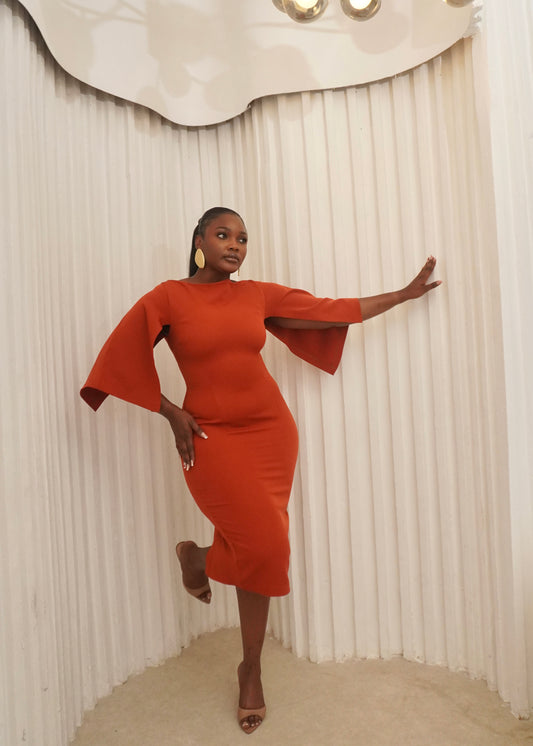 Cape Sleeves Essential Midi Dress Burnt Orange