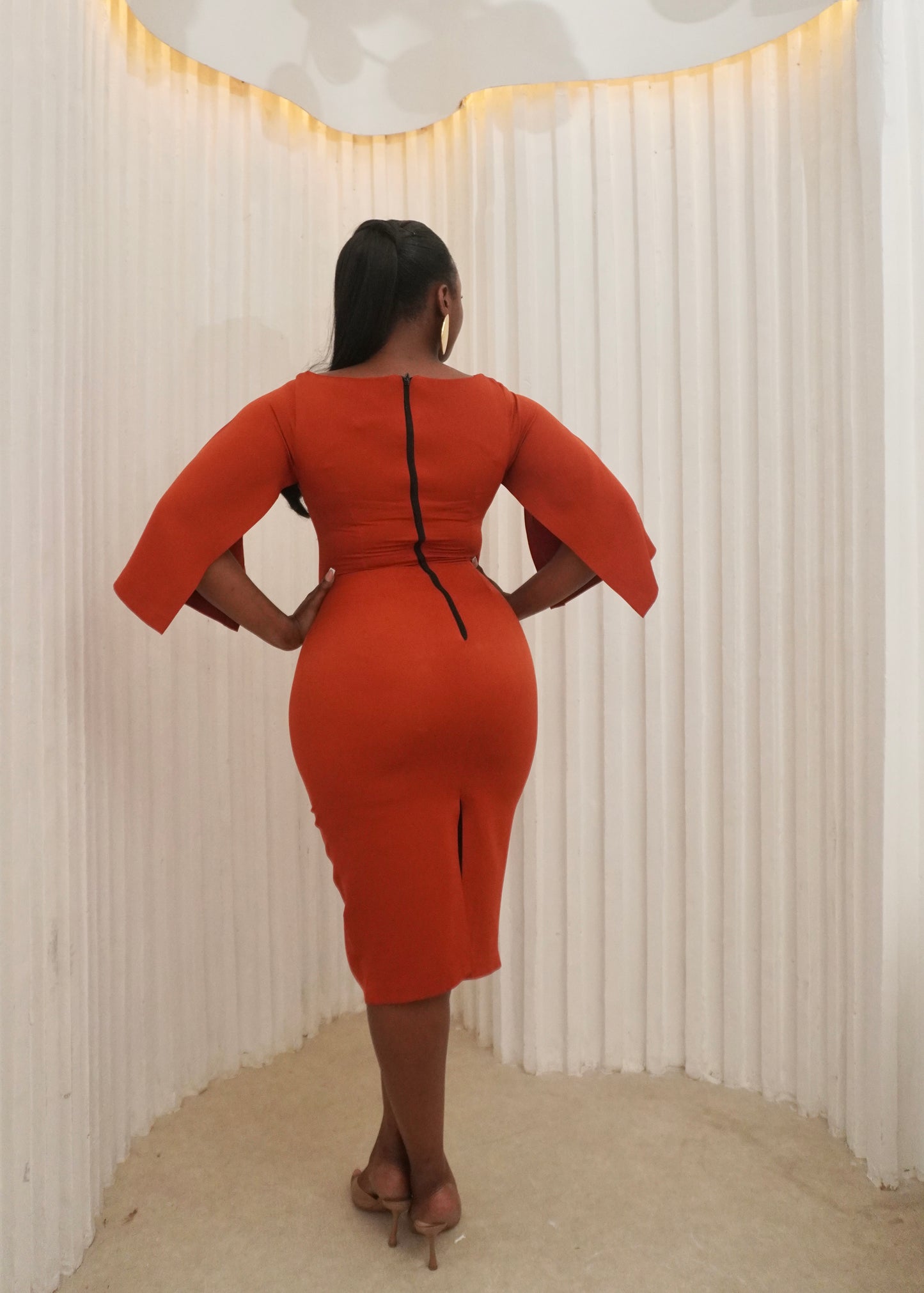 Cape Sleeves Essential Midi Dress Burnt Orange