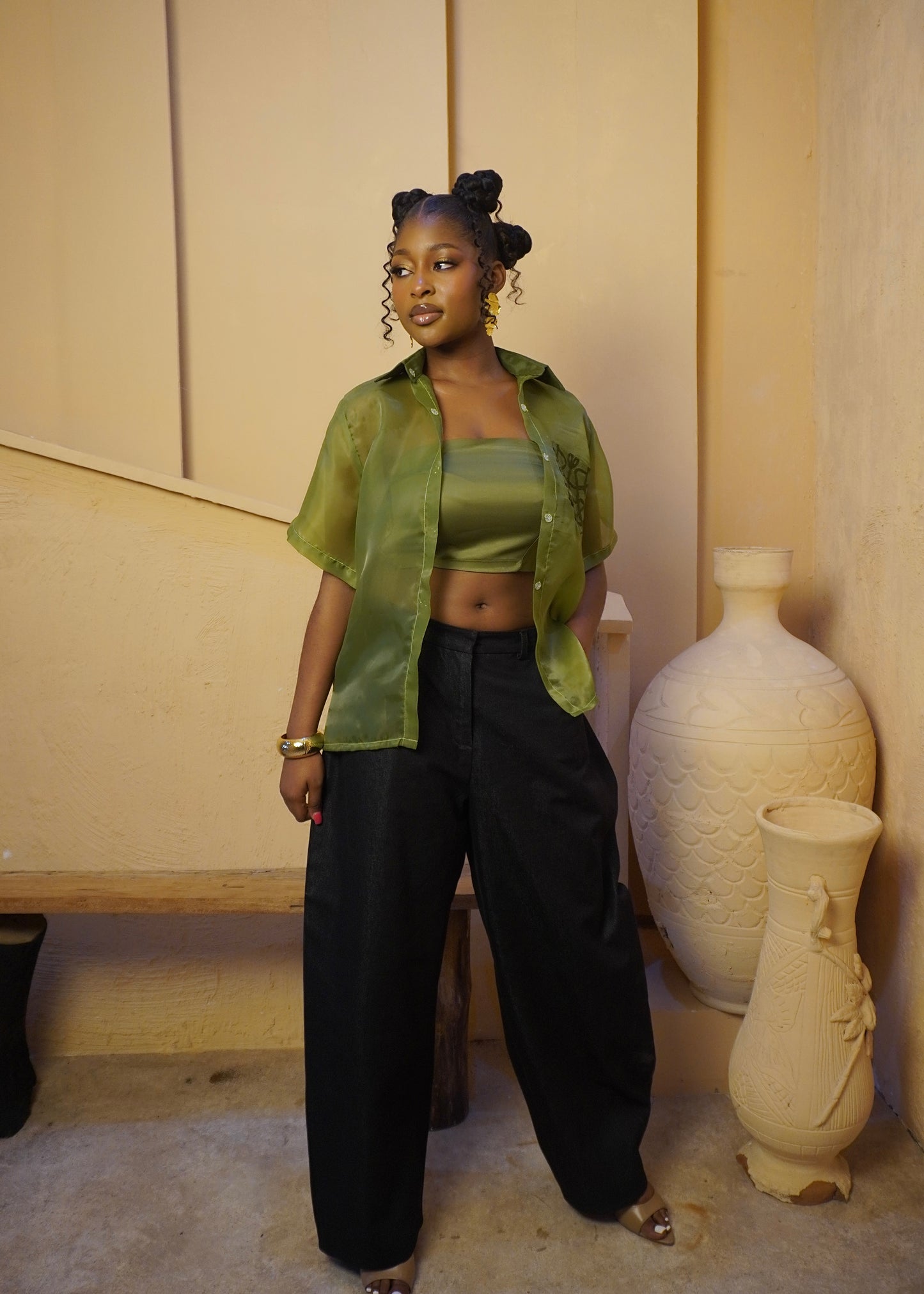 Sheer Embroidered Detail Shirt Olive