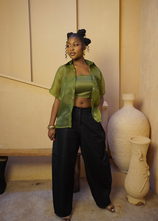 Sheer Embroidered Detail Shirt Olive