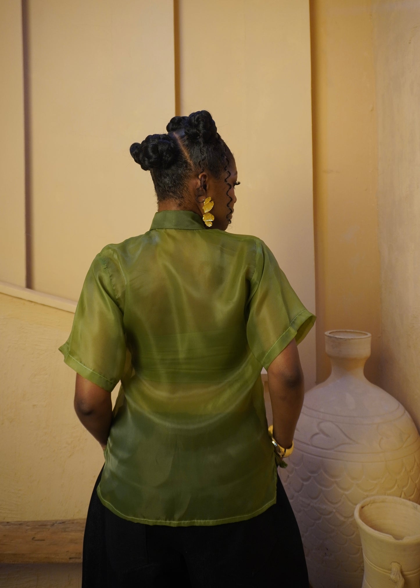 Sheer Embroidered Detail Shirt Olive