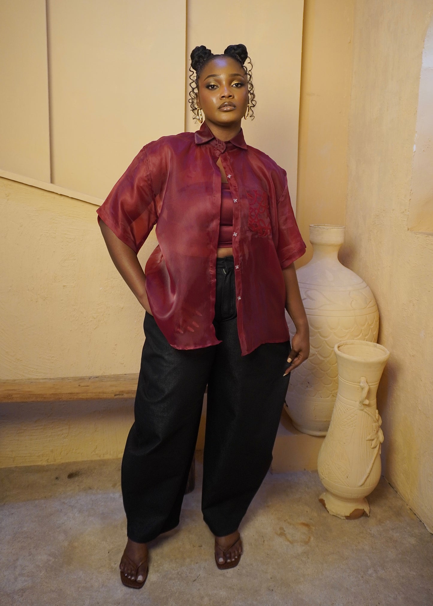 Sheer Embroidered Detail Shirt Burgundy