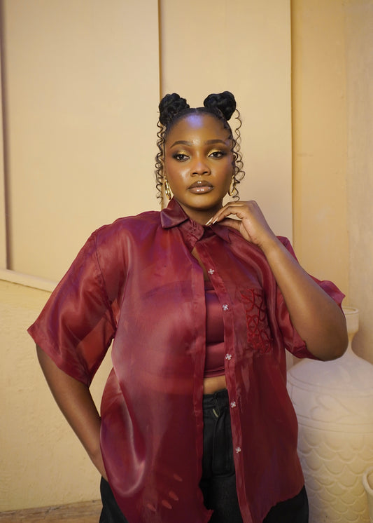 Sheer Embroidered Detail Shirt Burgundy