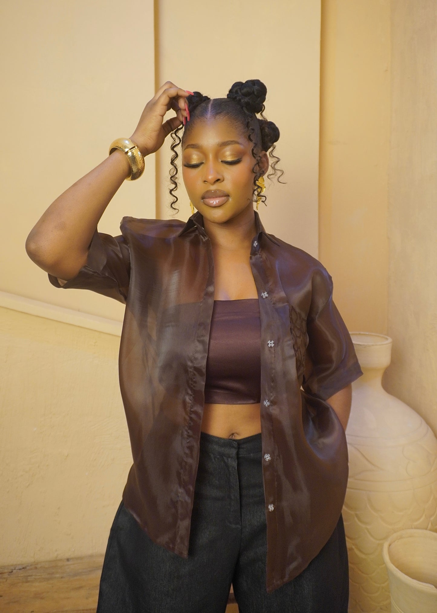 Sheer Embroidered Detail Shirt Brown