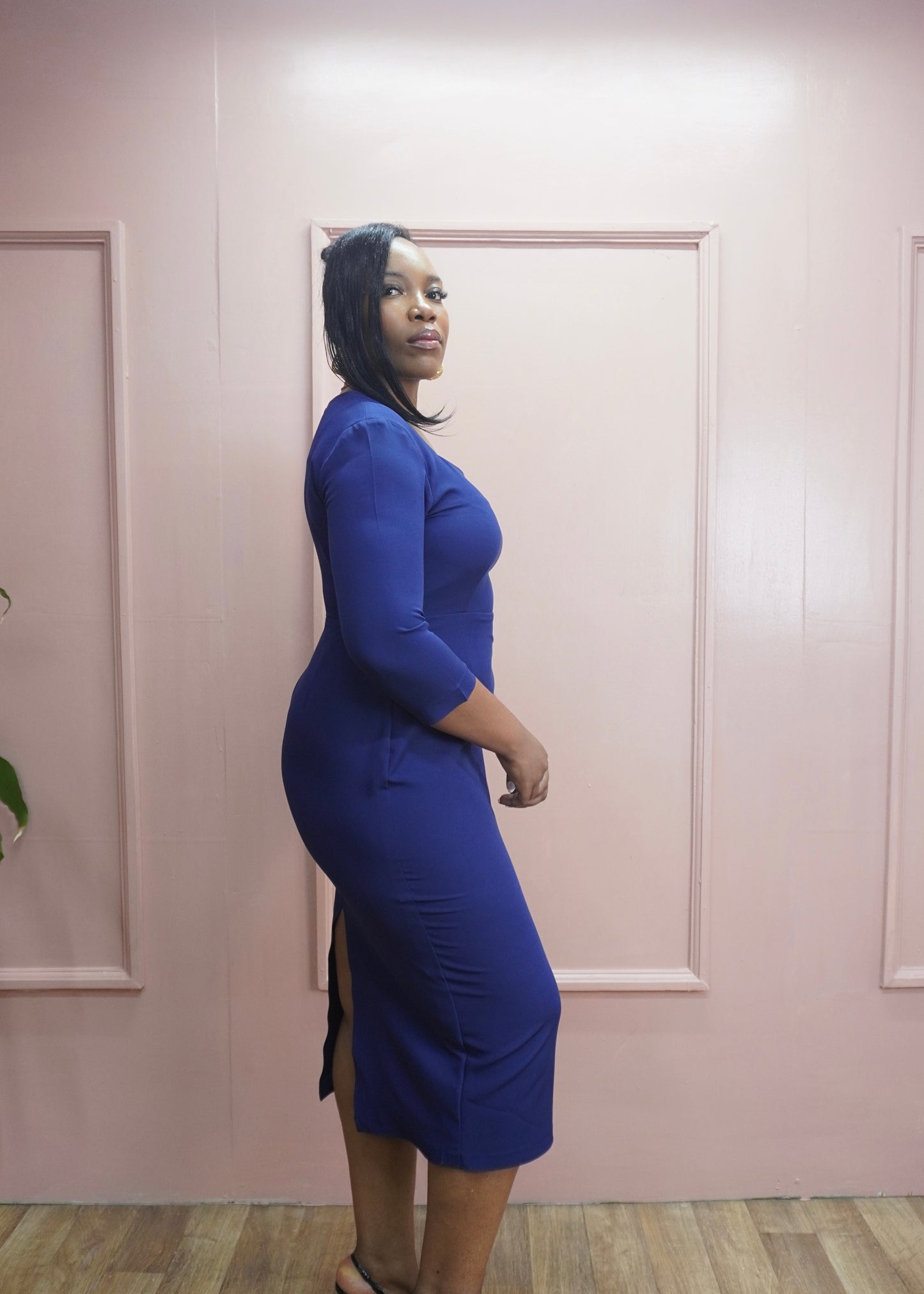 Angled Neckline Midi Dress Navy