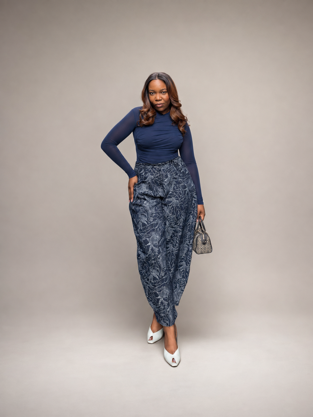 Mesh Draped Bodysuit Navy Blue
