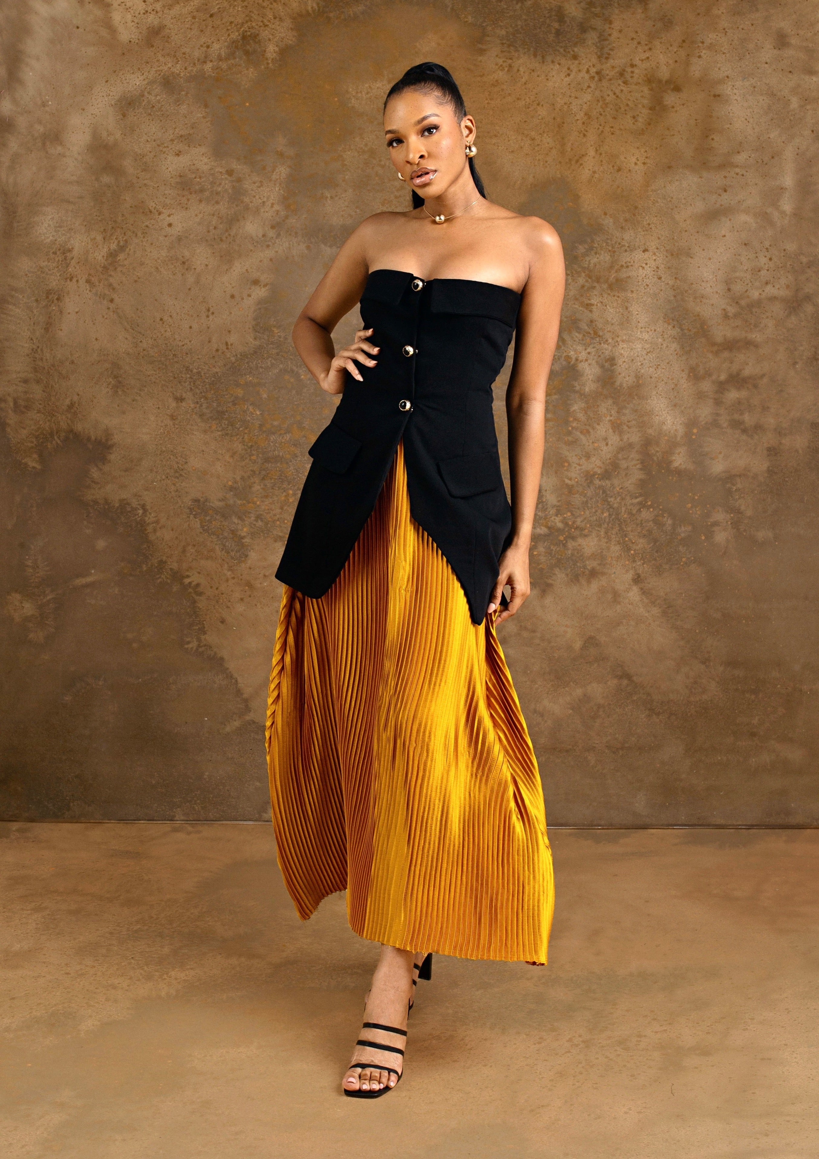 Ladies gold pleated skirt best sale