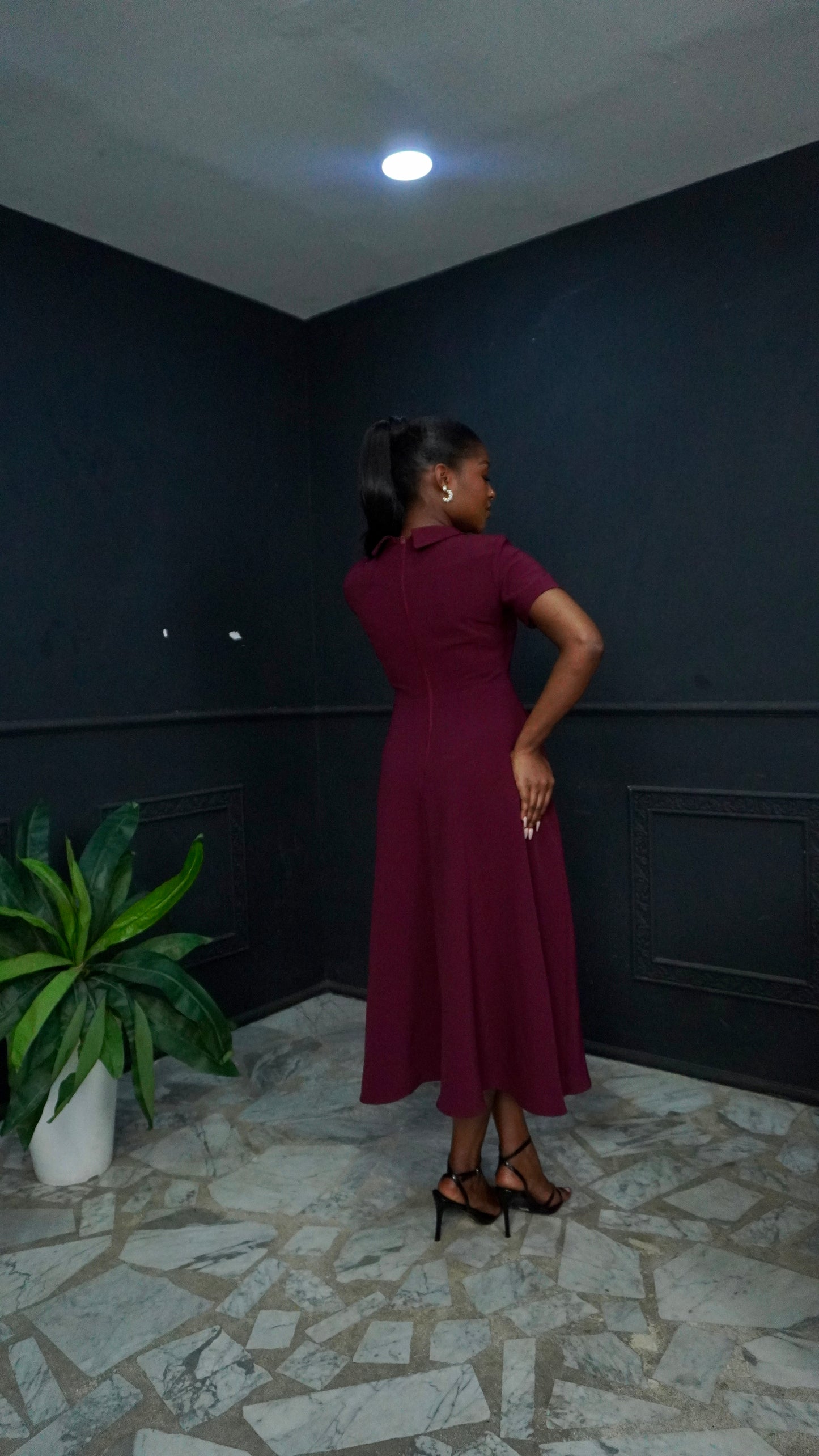 Polo Neck Flare Dress Burgundy