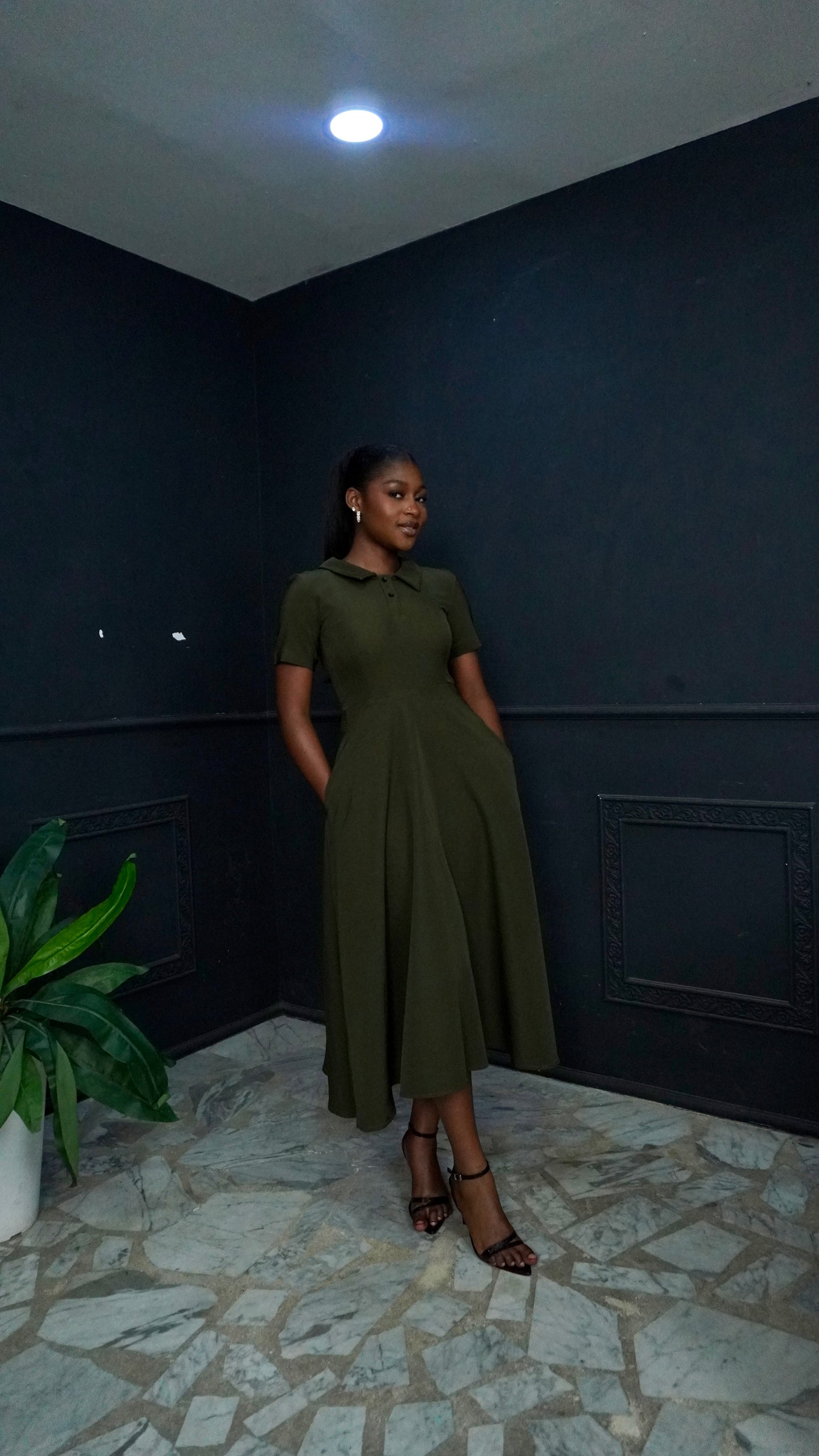 Polo Neck Flare Dress Army Green