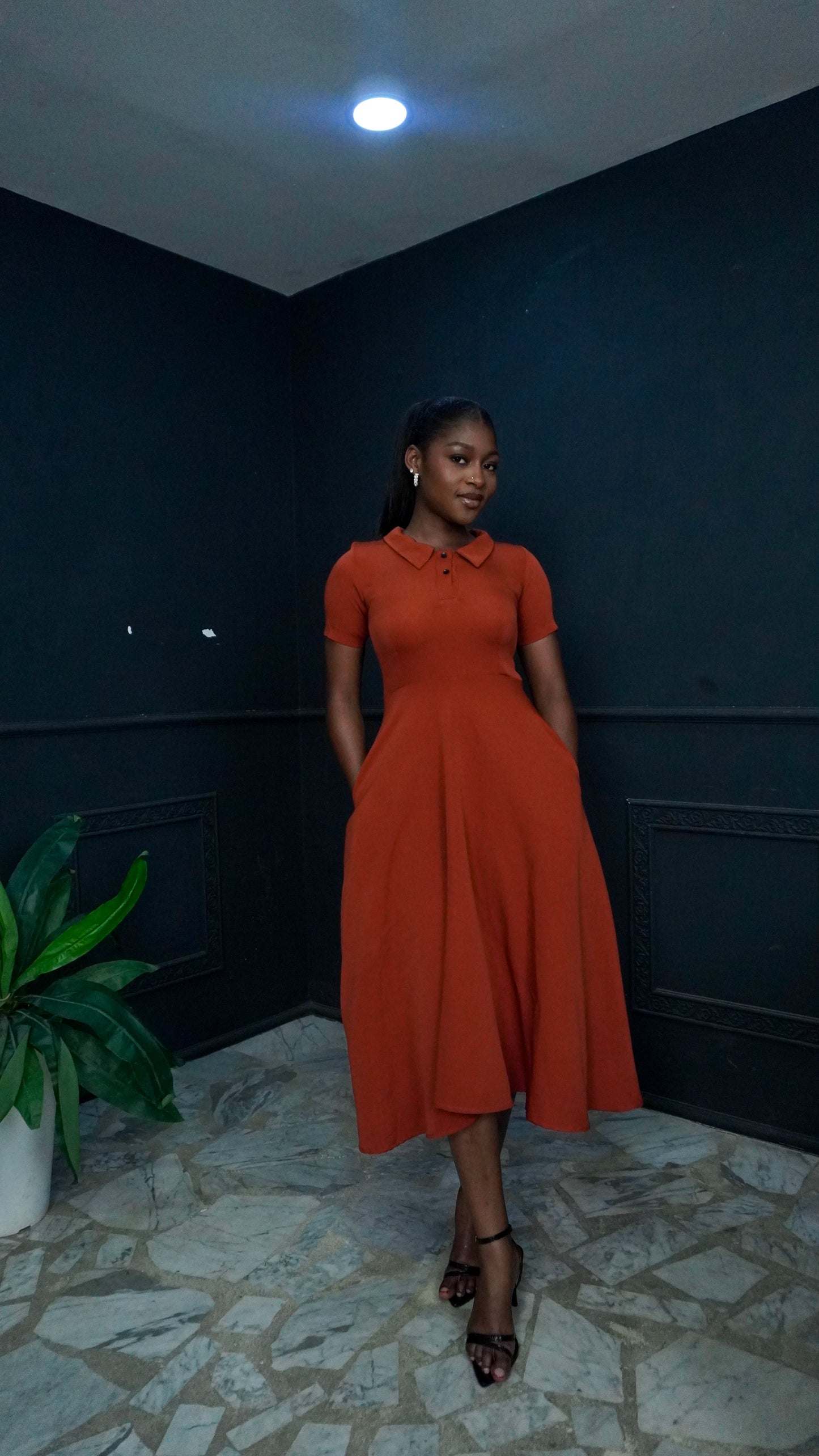 Polo Neck Flare Dress Copper