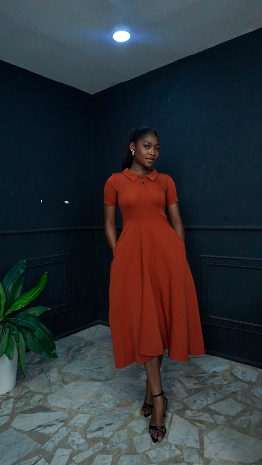 Polo Neck Flare Dress Copper
