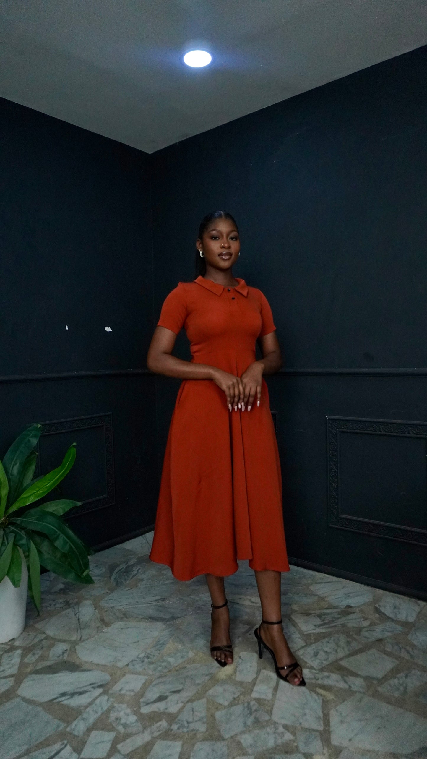 Polo Neck Flare Dress Copper