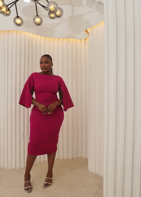 Cape Sleeves Essential Midi Dress Magenta