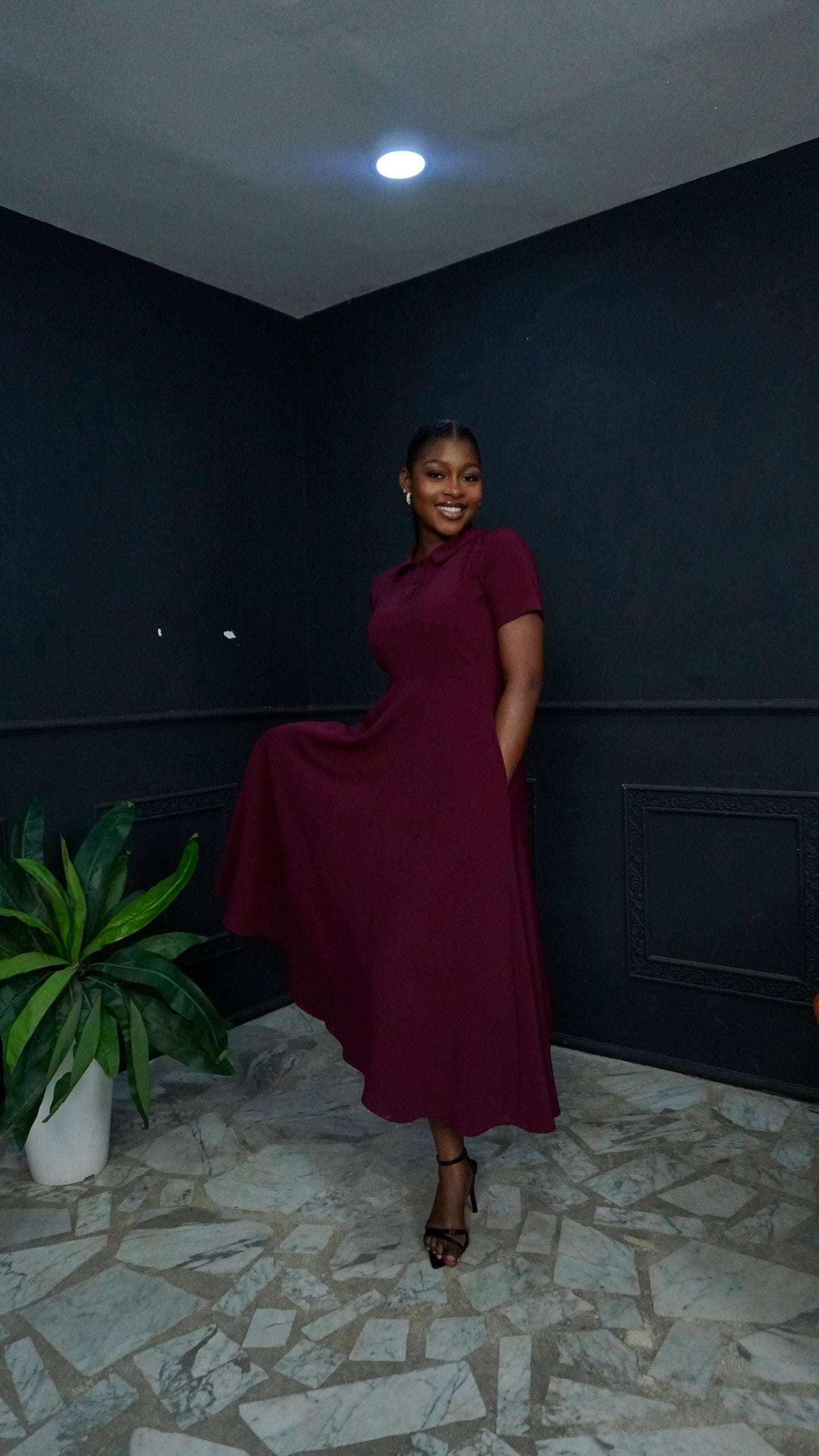 Polo Neck Flare Dress Burgundy