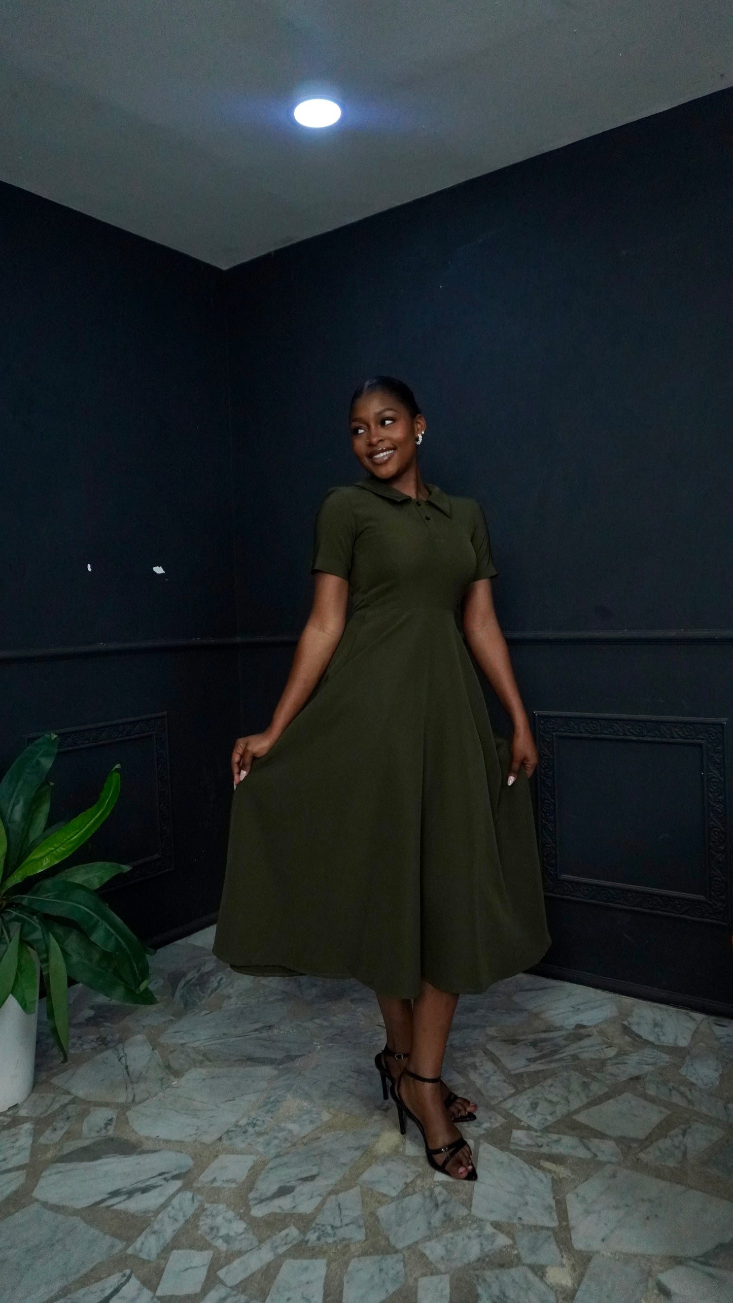 Polo Neck Flare Dress Army Green